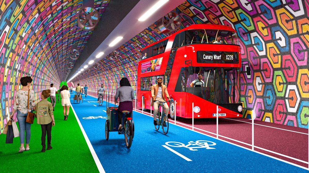 Visualisation of Silvertown tunnel, with art installation and three lanes - one for pedestrians, one for cycles, and the last for buses.
