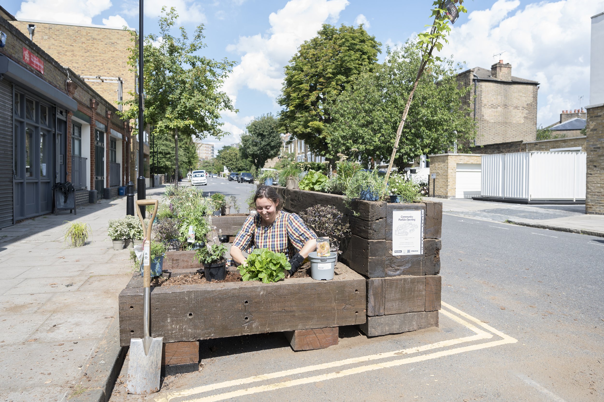 A similar parklet built from railway sleepers that we helped to create in Ardleigh Rd, Hackney.
