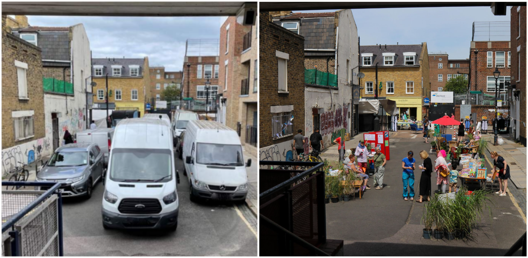 Photo of before (left) and during (right) the pop-up parklet installation on Clean Air Day 2022. 