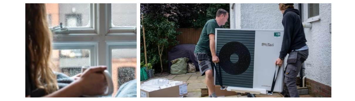 Photo of someone looking outside into the rain, and a photo of a heat pump