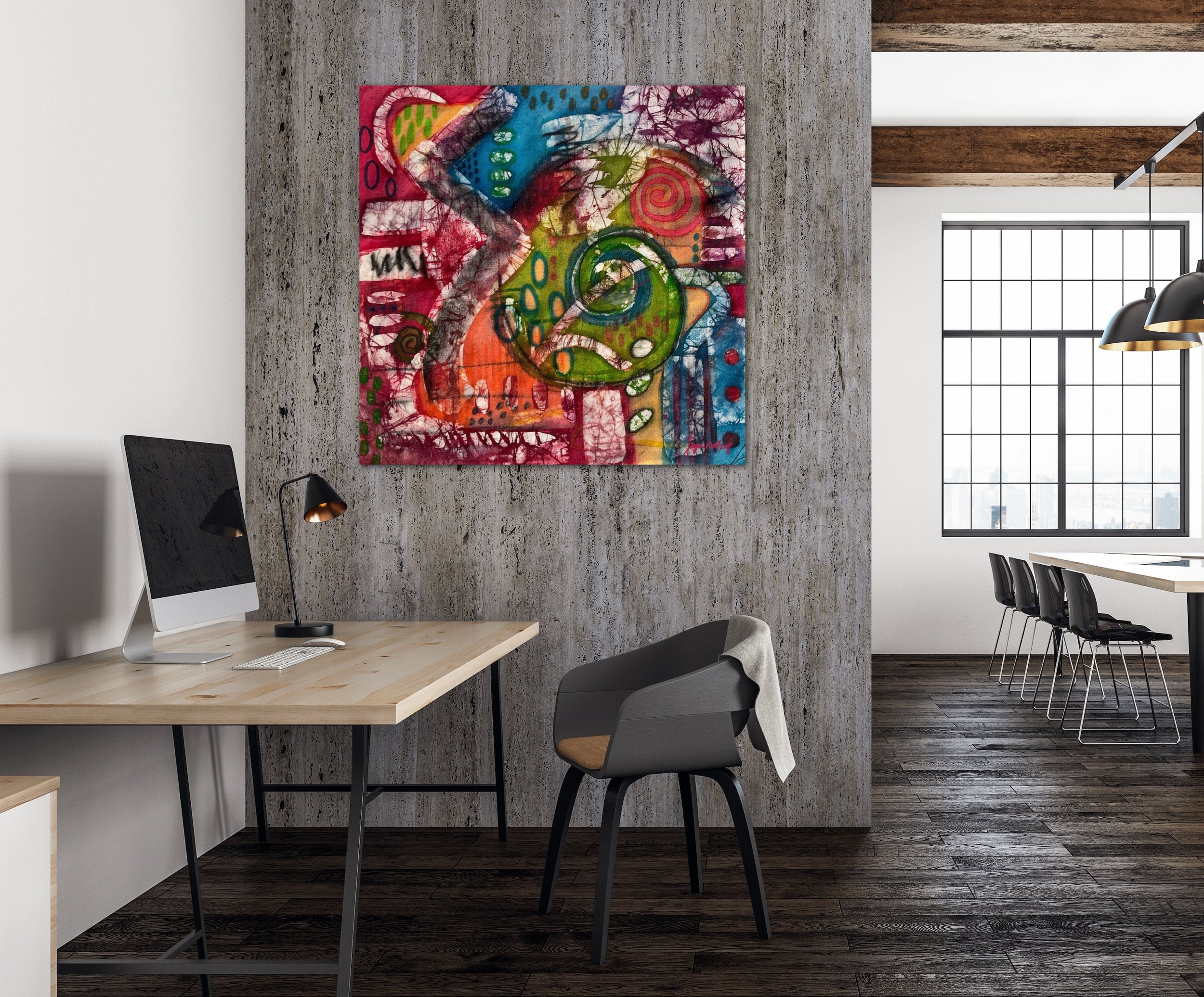 “Influence” 15’ x 15” is an original batik and mixed-media abstract painting on medium weight muslin fabric, combining fabric dye, wax, acrylics, and markers.