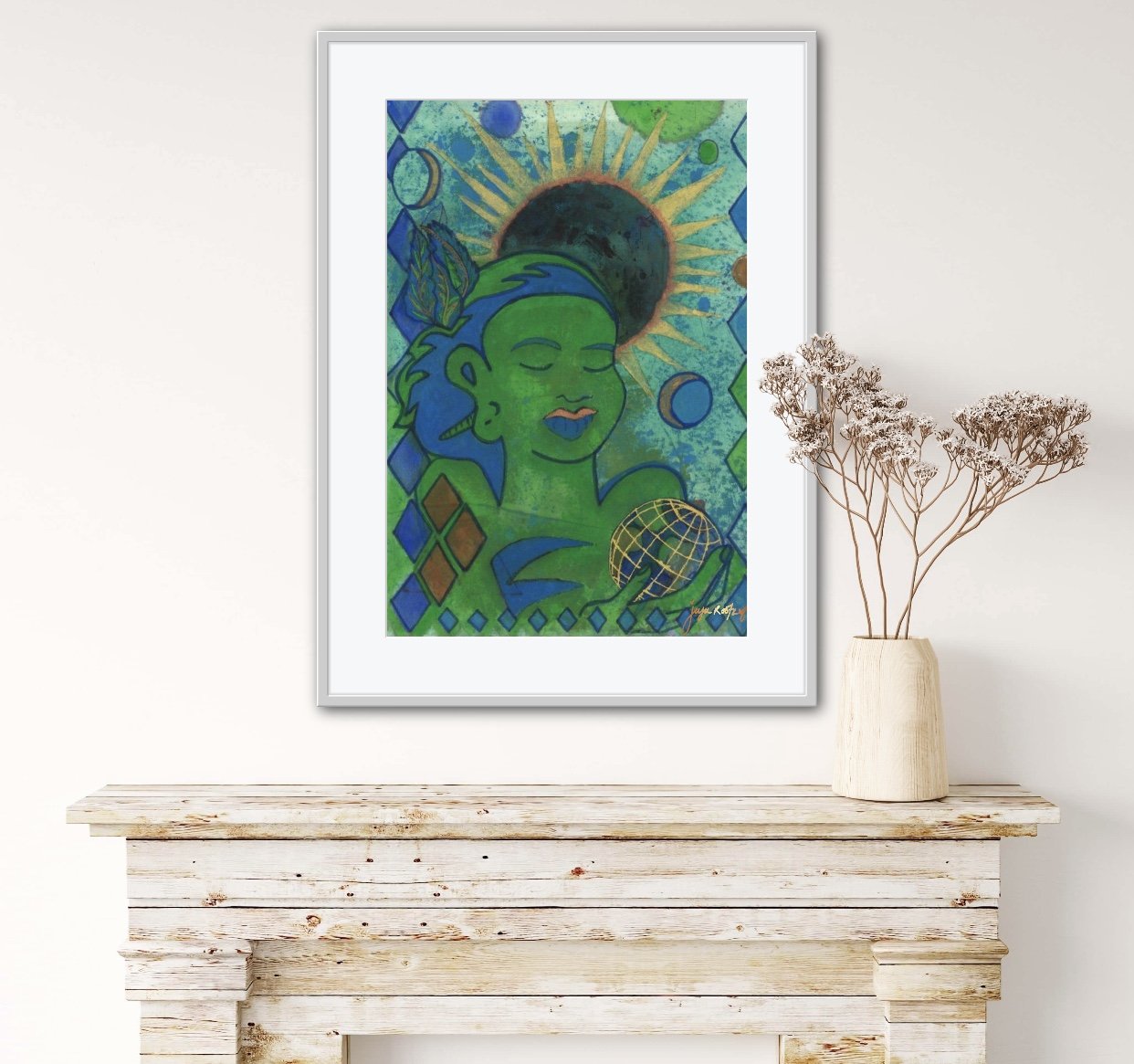 “In the Light of the Eclipse” . 12” x 17”. This is an original multi-media painting combining spray paint, fabric paint, fabric dyes, acrylic paints created on medium weight muslin fabric.