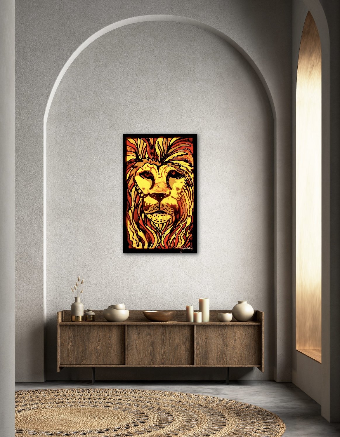 “Lion Heart” 16” x 25” is an original multi-media painting done on glass.