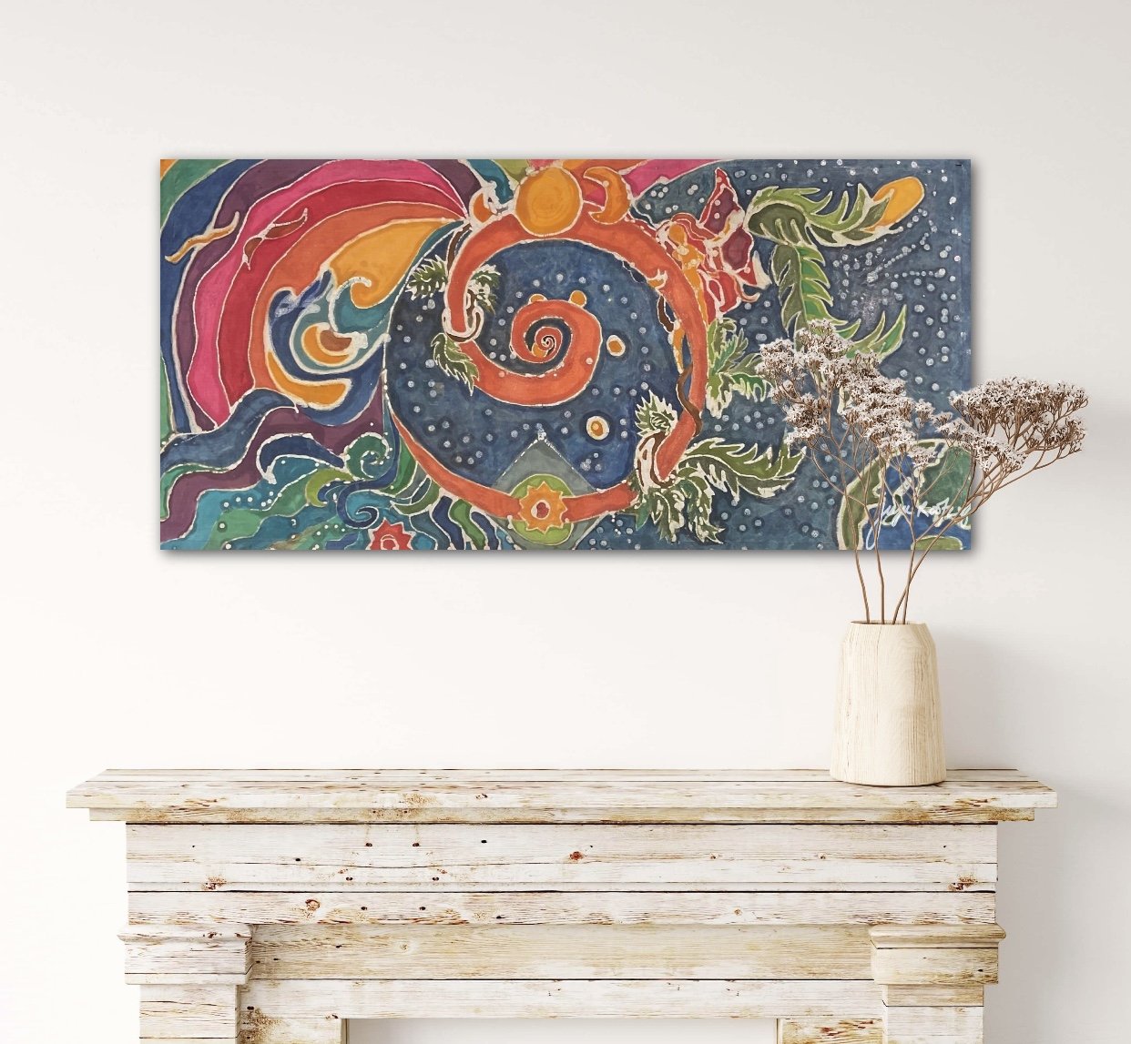 “In the Beginning” 18” x 36” . An original hand painted batik using wax and fabric dyes on medium weight muslin fabric.