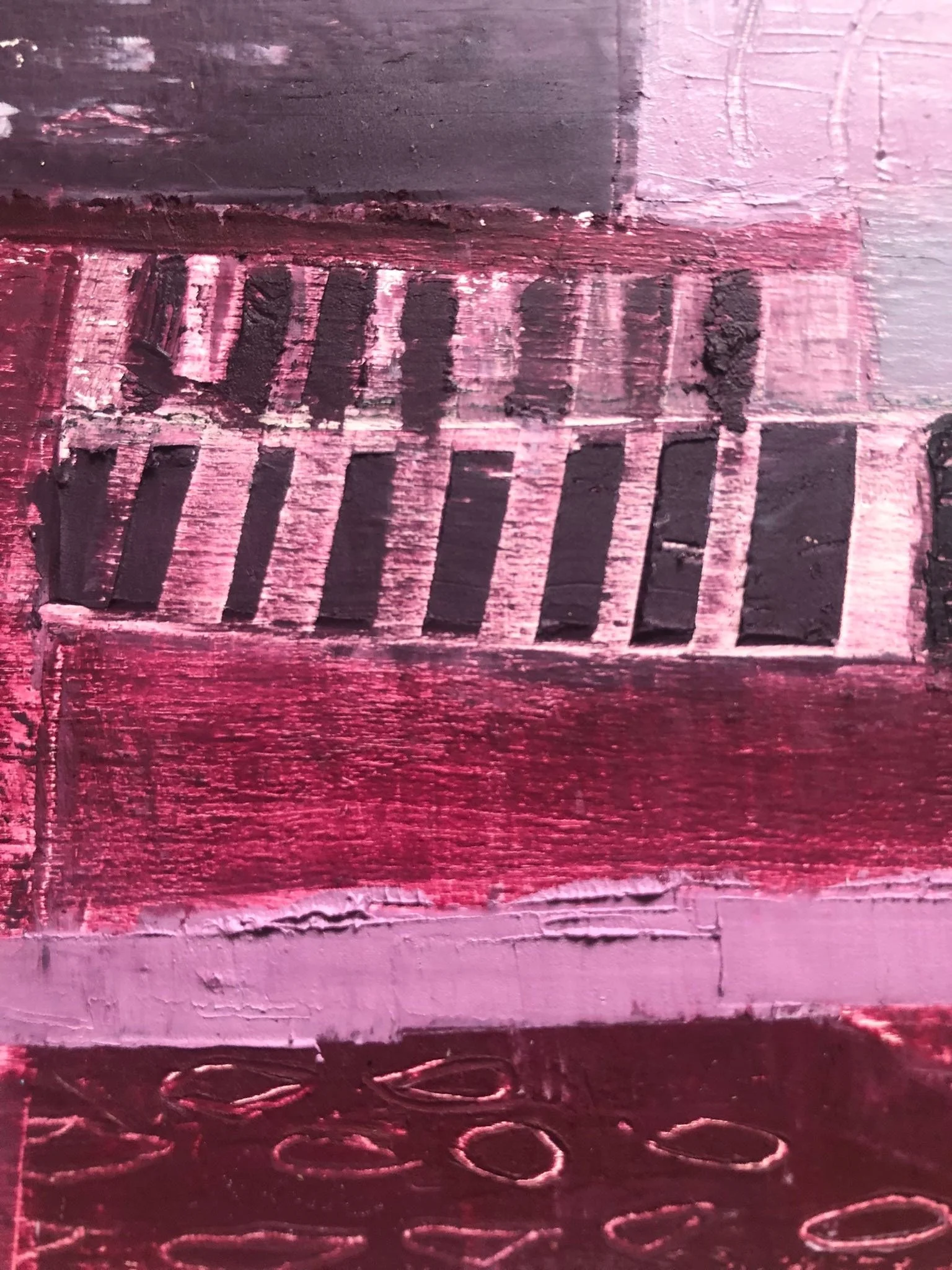 New Art Being Created atm 🙂 
Sharing a peak of my current art in progress.. 
Shades & Pattens & Details . 
Cold wax & Oils 
5 x 5 , 4 angels on cradle board 
How does this color palette make you feel ? Memories, poems and musings welc