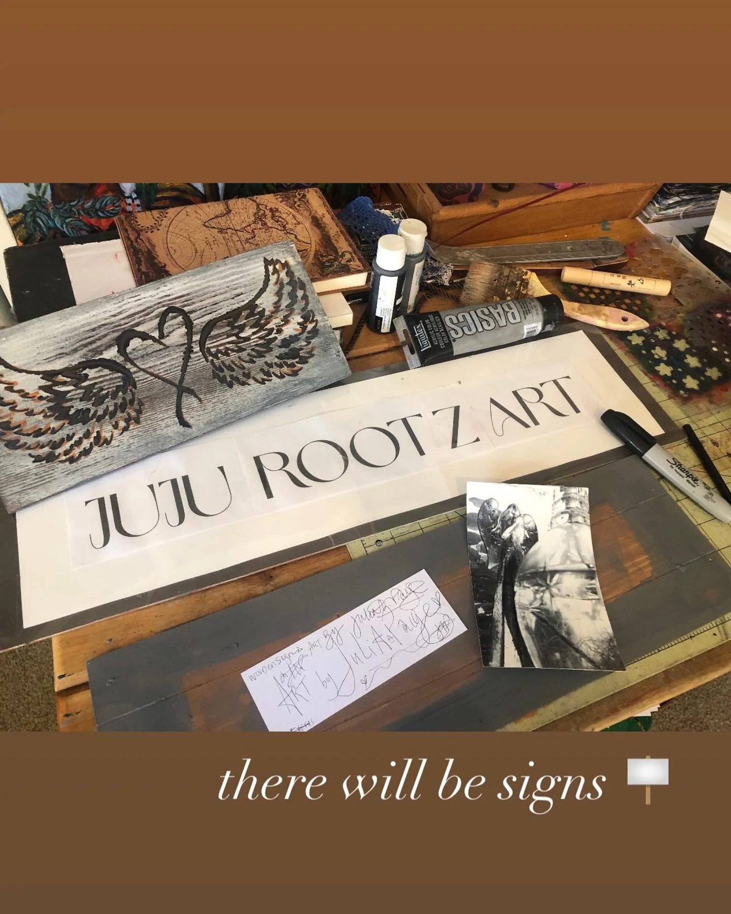 Making very Hand 🤚🏽 crafted signs for my art booth on Saturday and Sunday ! 
Check my Art out in person at WV Handmade Art Market in Eugene at Lane Events Center. @wvhandmademarket 
#artbyjulia #juliapaige #jujurootzart #lovexlove