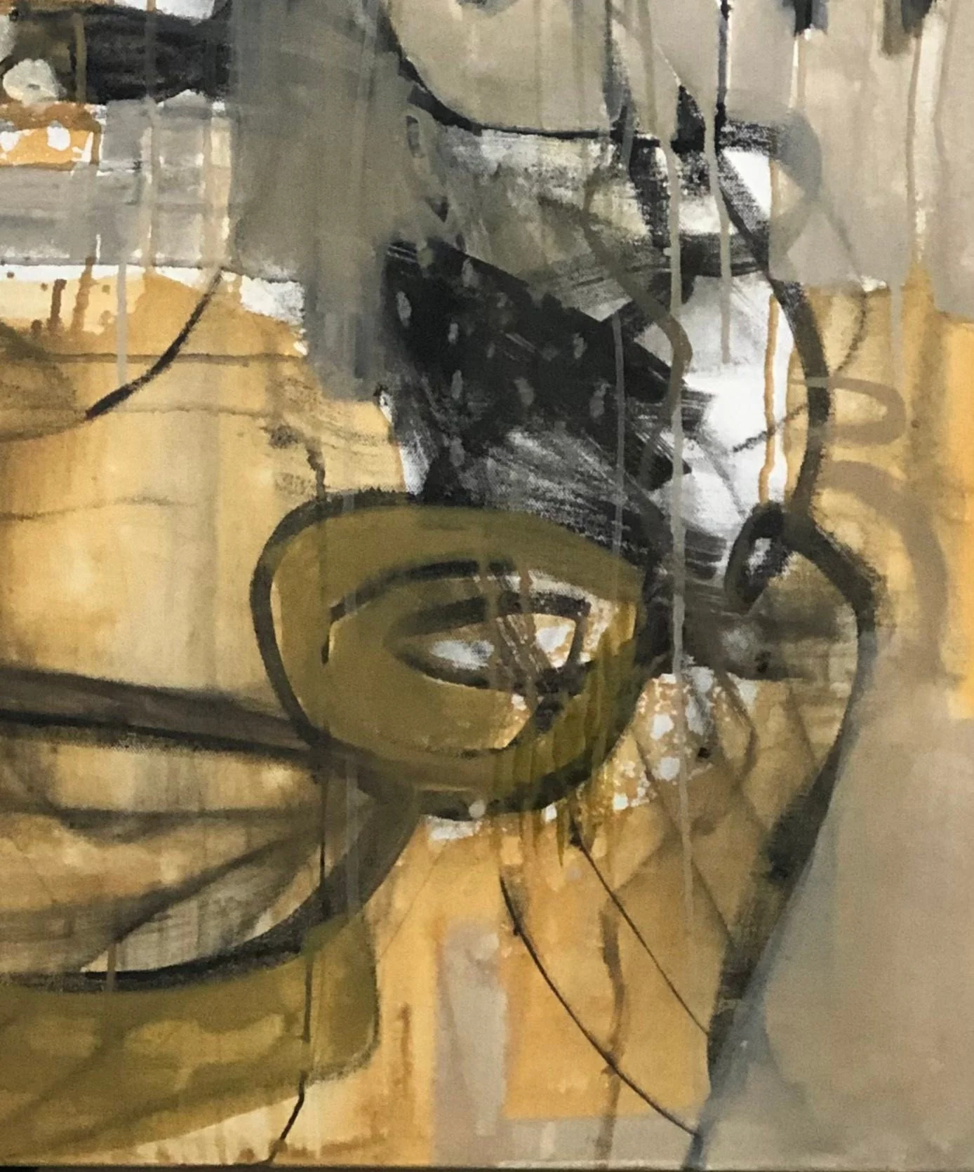 Hey there Art Lovers !! 

I have been busy! In my studio working on a brand new series of 10 large scale abstract paintings 30x40 ! 

Sharing a few views on my currently in progress monochromatic painting !! The palette reminds me of gold &amp; autum
