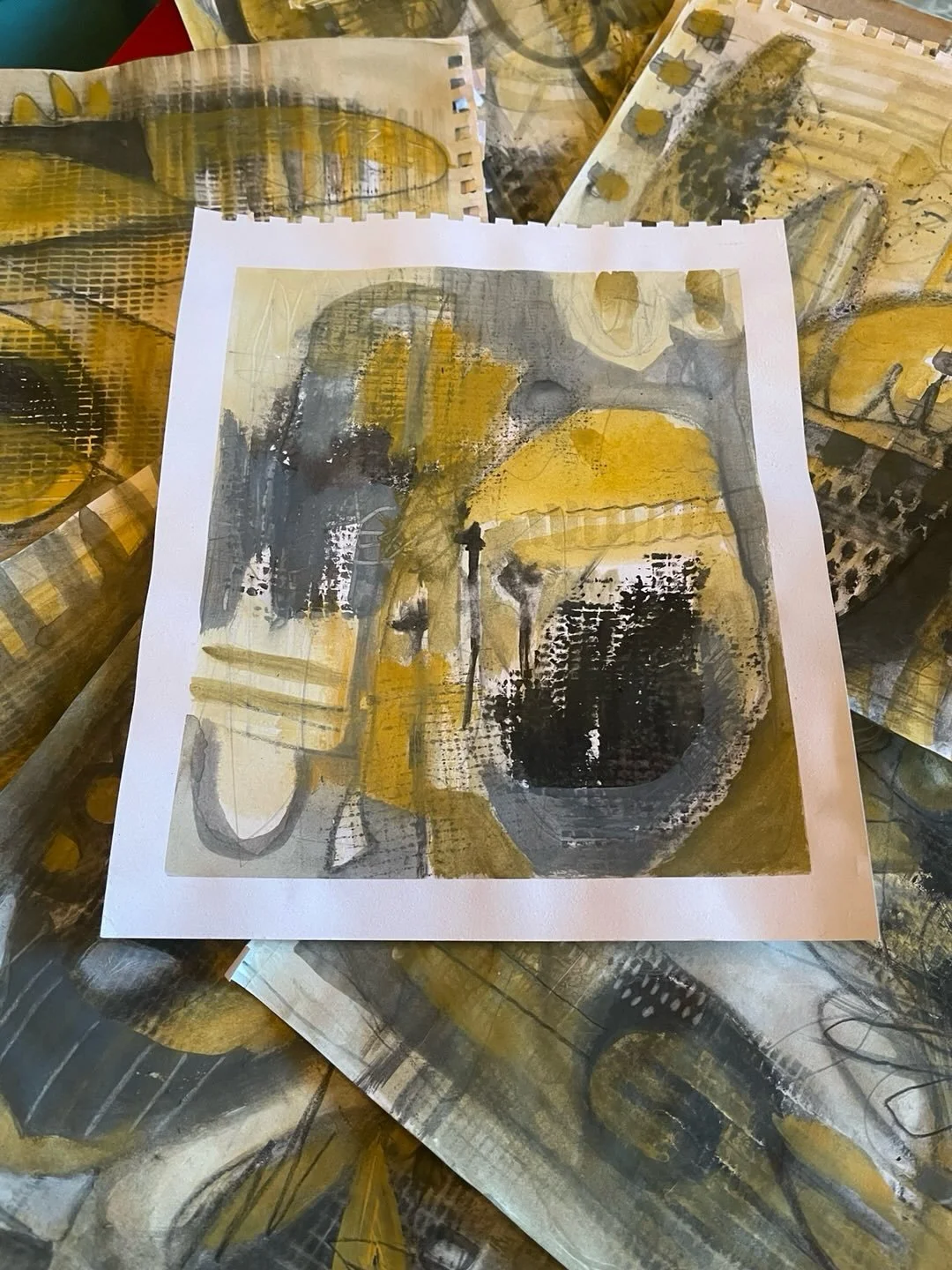 New . Series. Being born . 
New life and new art . 

Yellow Ochre, plus black &amp; white . My focus : Discovery, Exploring and Authenticity . The more you do the more your special voice and vision show up. 

Despite the endings , there are constant 