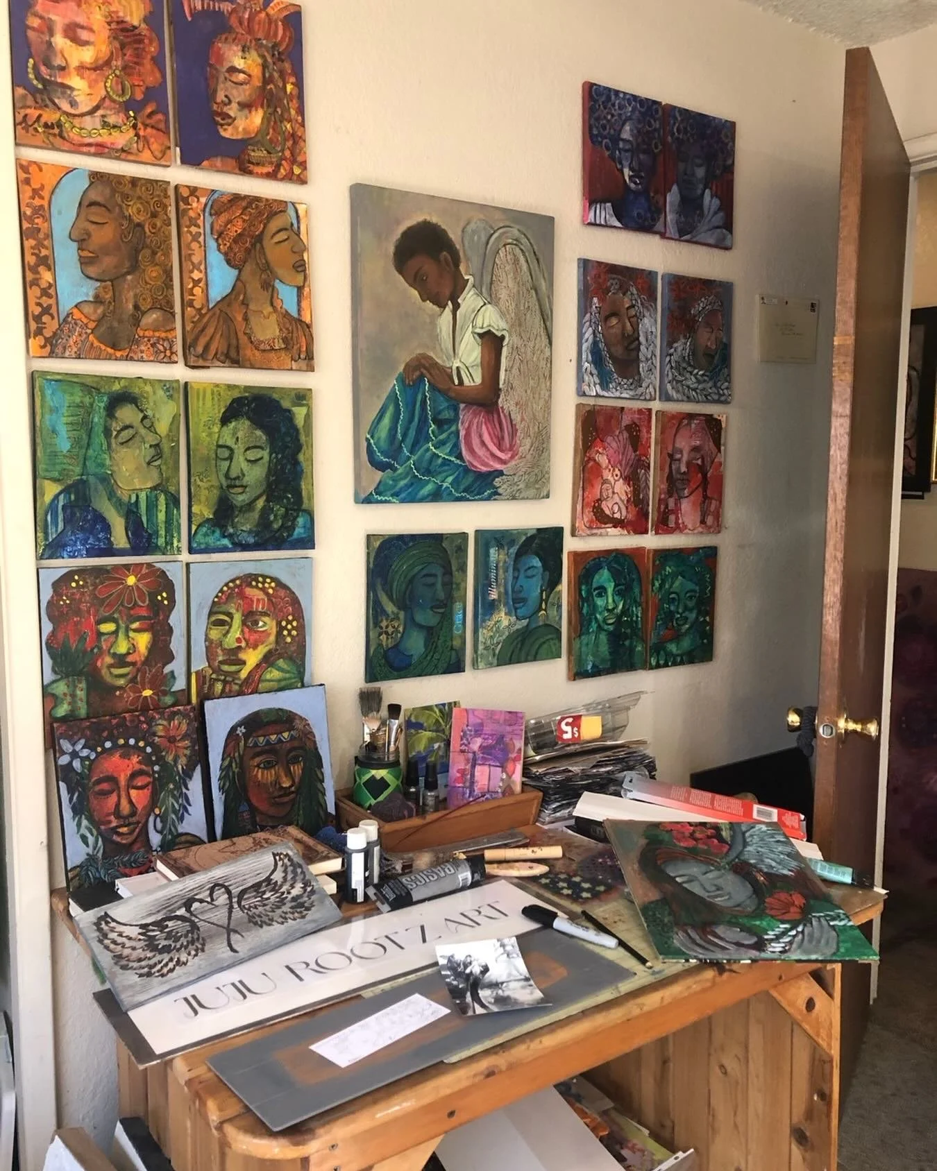 New Art in and A view from my studio . 
I am in creation mode. Painting angels and beautiful beings. Praying . Going through all of the emotions and striving to express some of these feelings and thoughts in my work. 

#angel #artist #newart #artstud