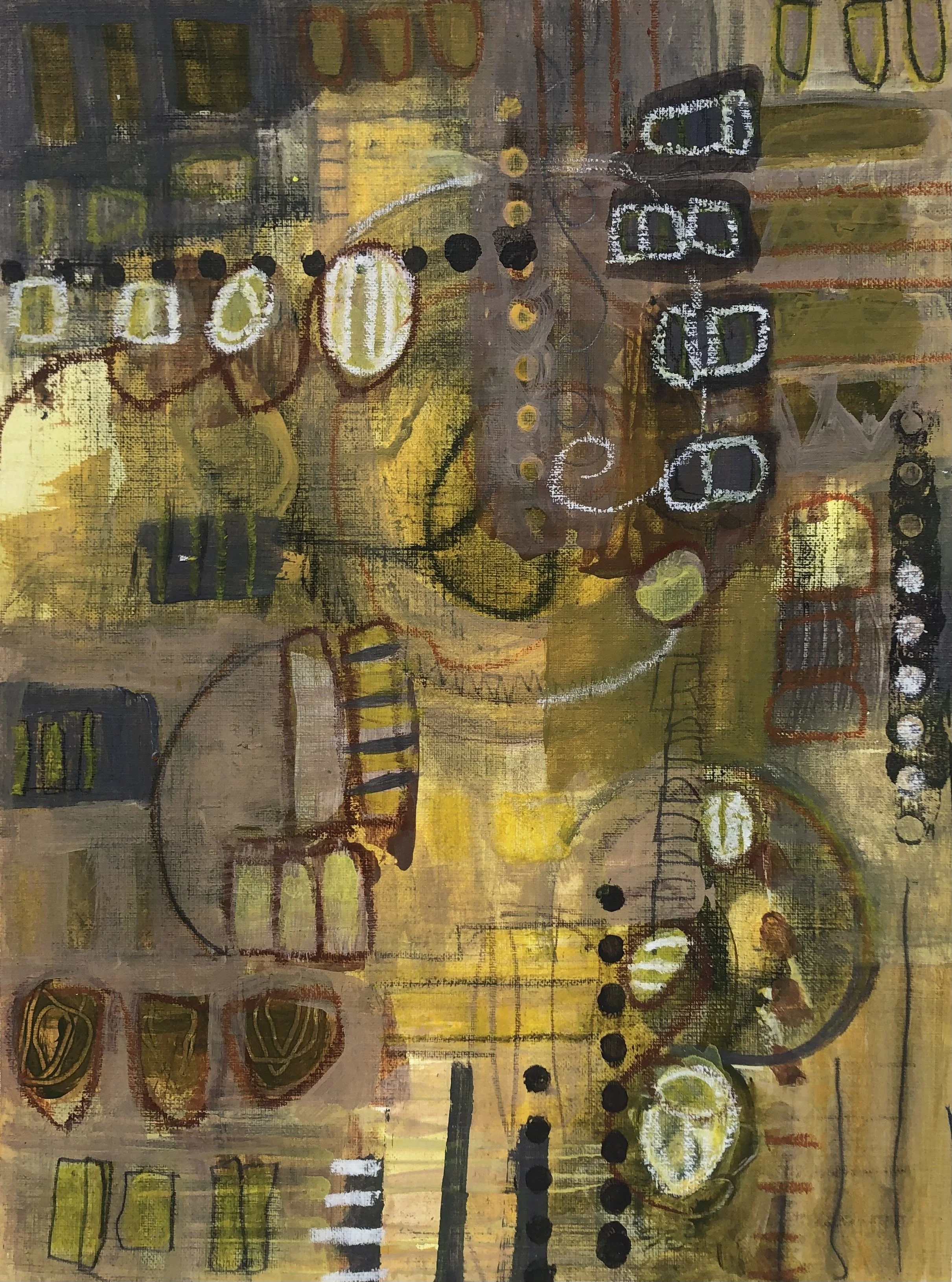 Abstract Art on Paper, geometric Shapers, monochromatic yellows, greys and browns