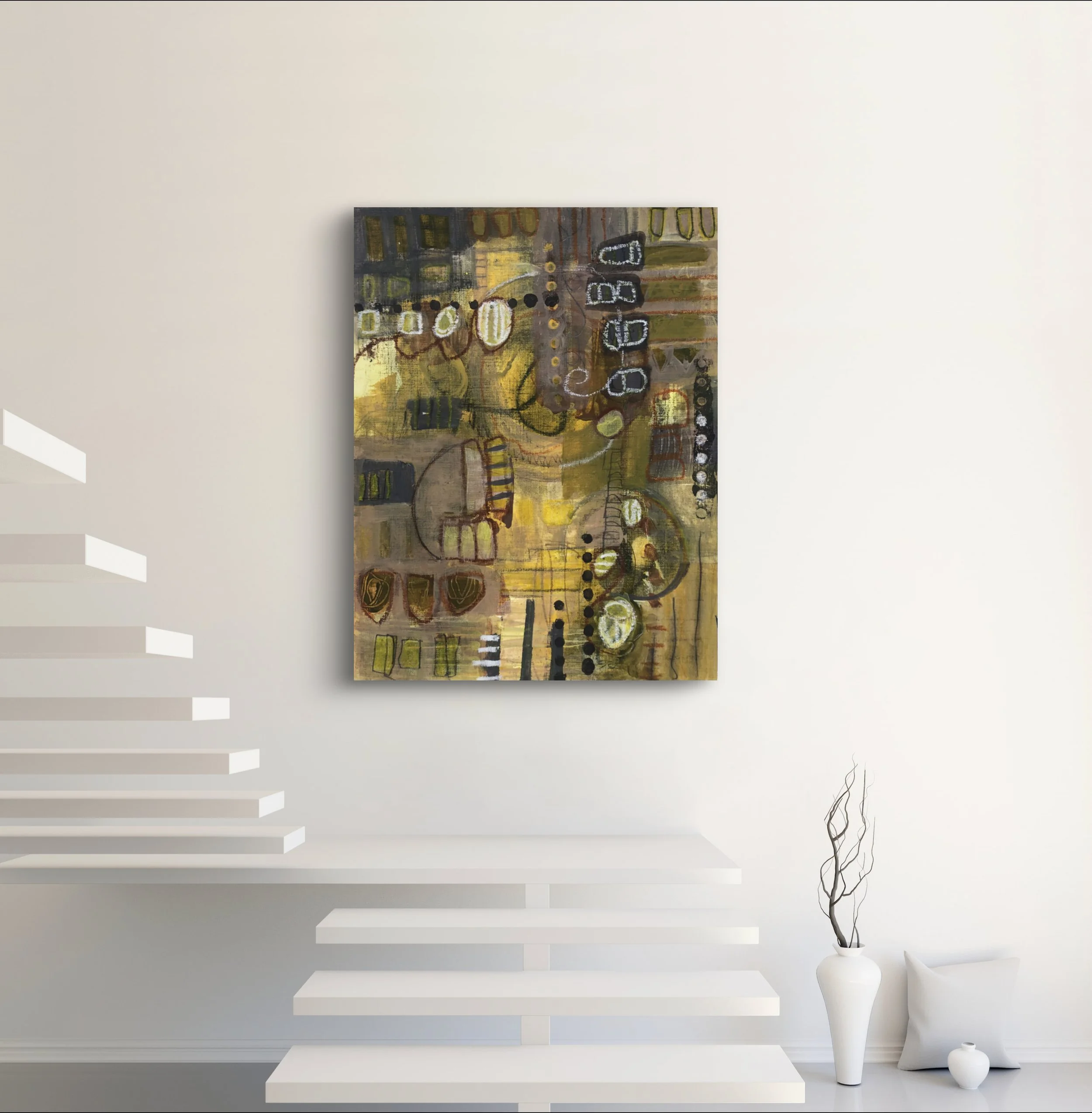 Abstract Art on Paper, geometric Shapers, monochromatic yellows, greys and browns , image on wall