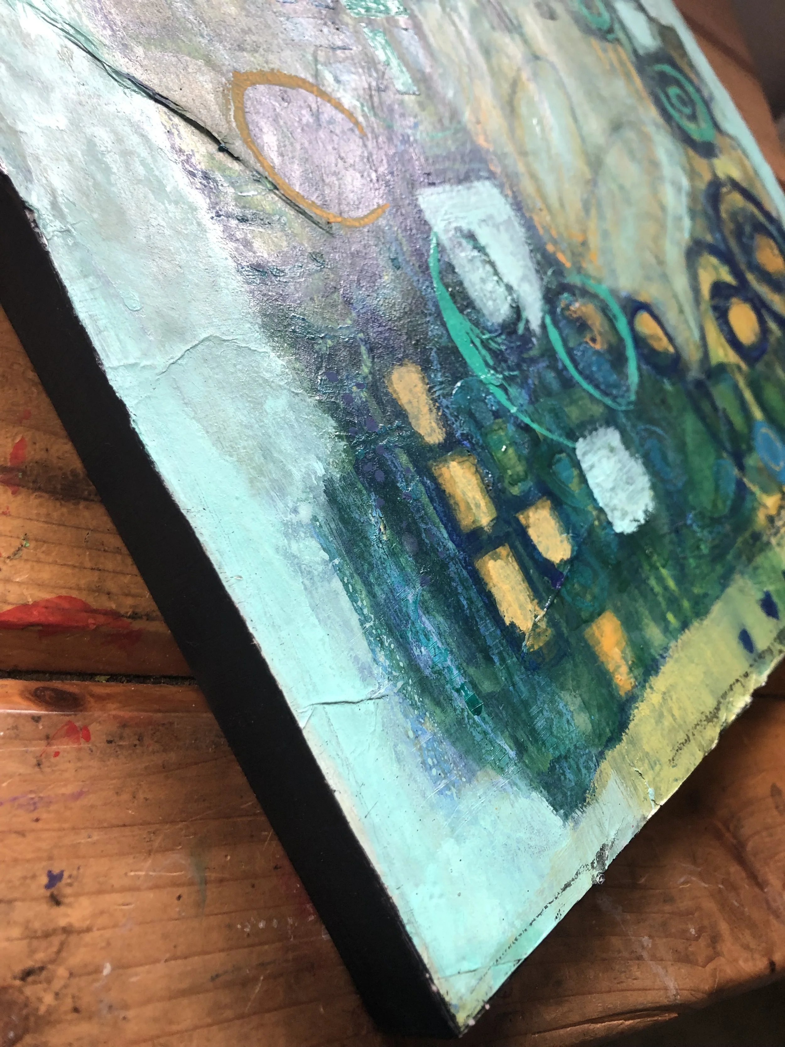 Art Painting, Abstract Art on wooden Cradleboard, Greens, Blues, Shapes, side view painted edge