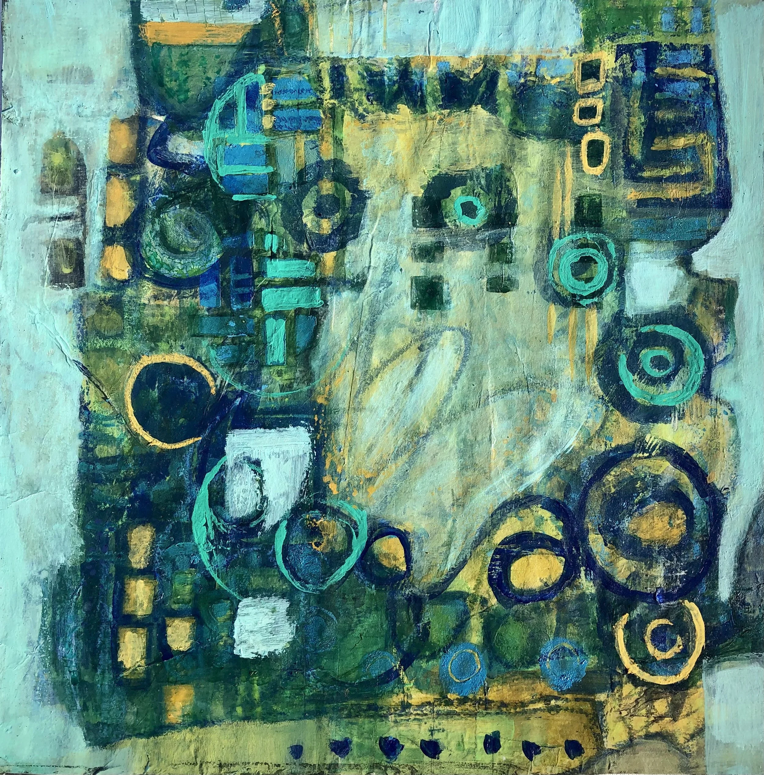 Art Painting, Abstract Art on wooden Cradleboard, Greens, Blues, Shapes