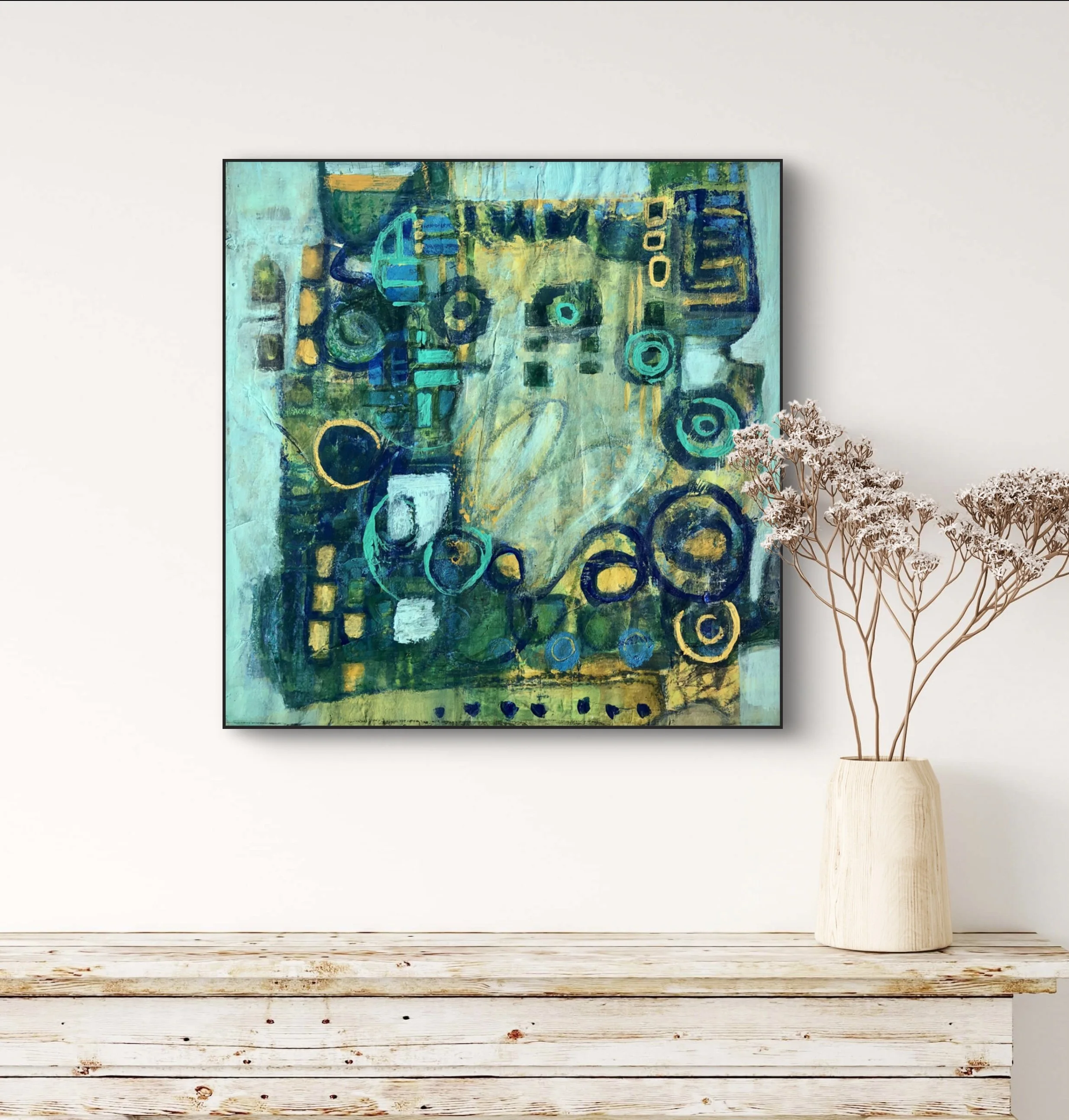 Art Painting, Abstract Art on wooden Cradleboard, Greens, Blues, Shapes sample wall image