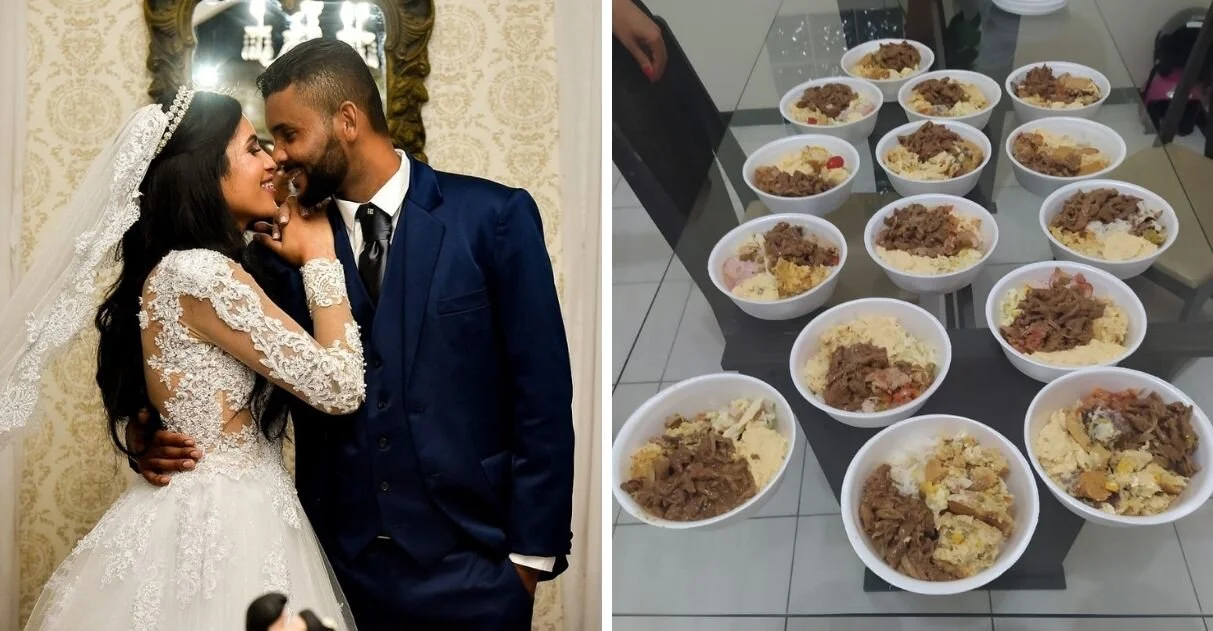 Noivos distribuem marmitas após casamento