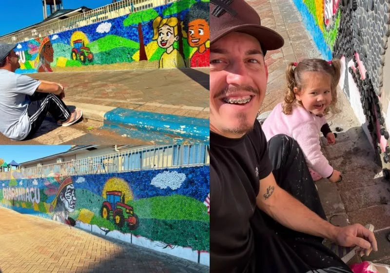 Professor transforma escola com 150 mil tampinhas e faz mural gigante
