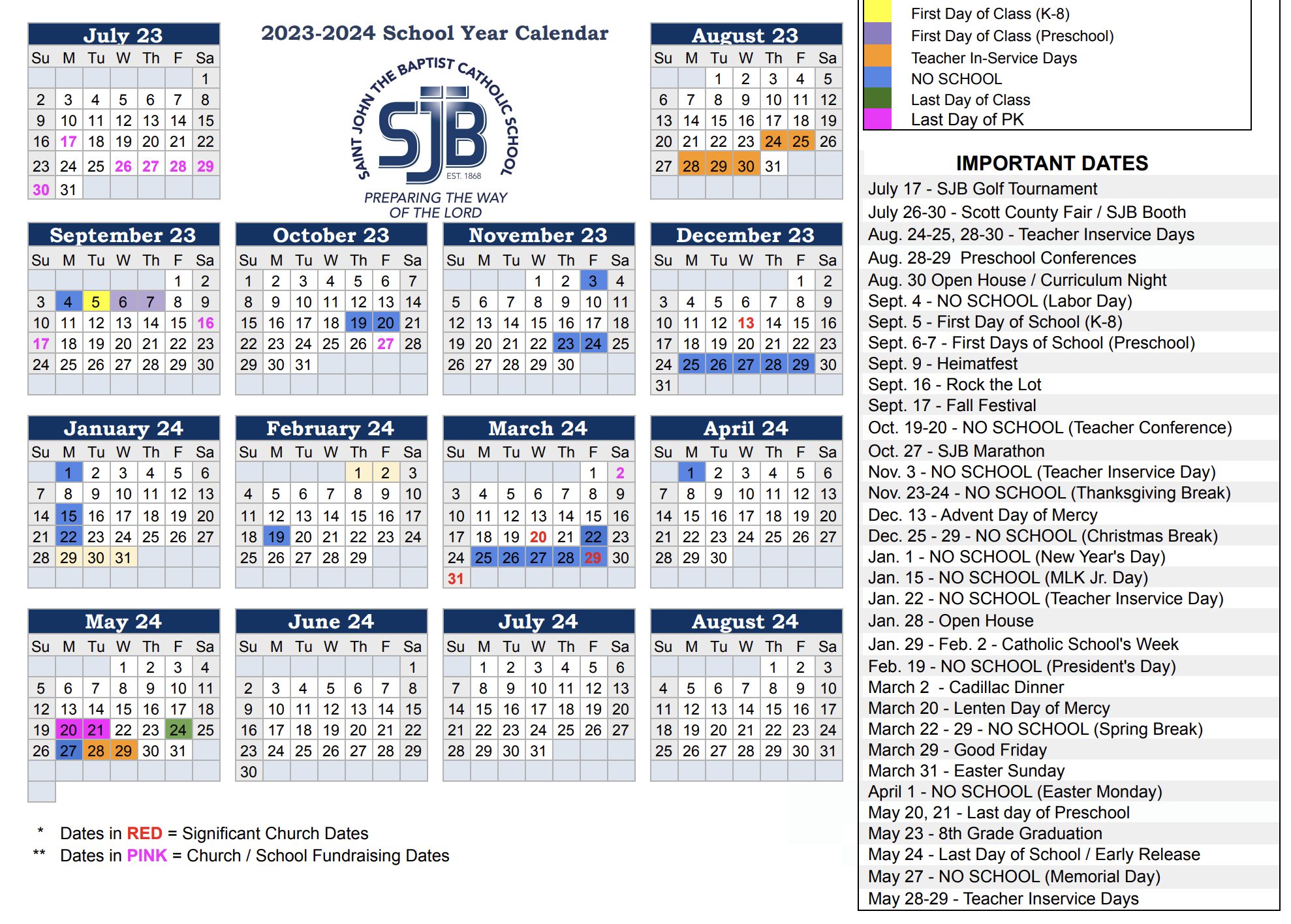 Calendar — Saint John the Baptist Catholic School