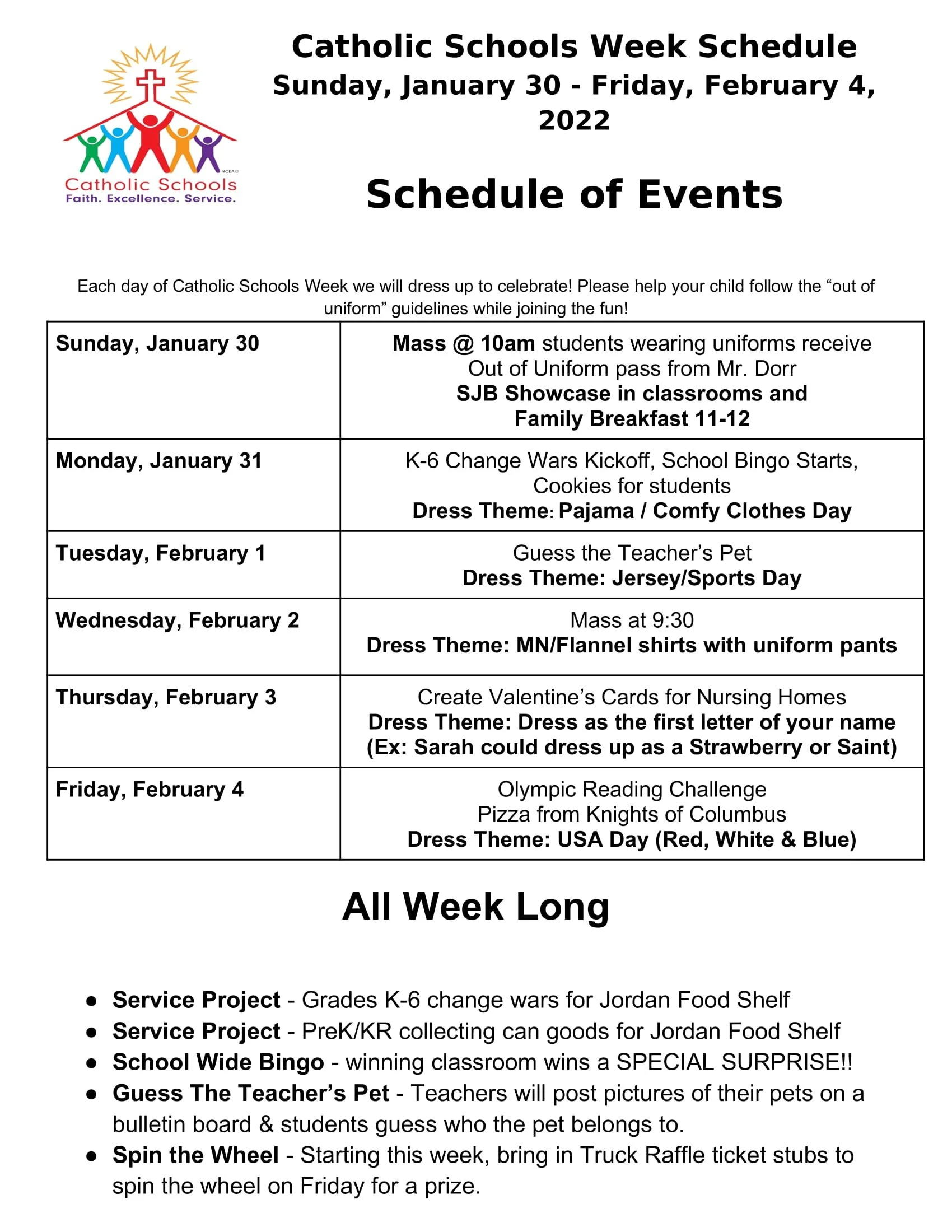 2022 Catholic Schools Week: Schedule of Events