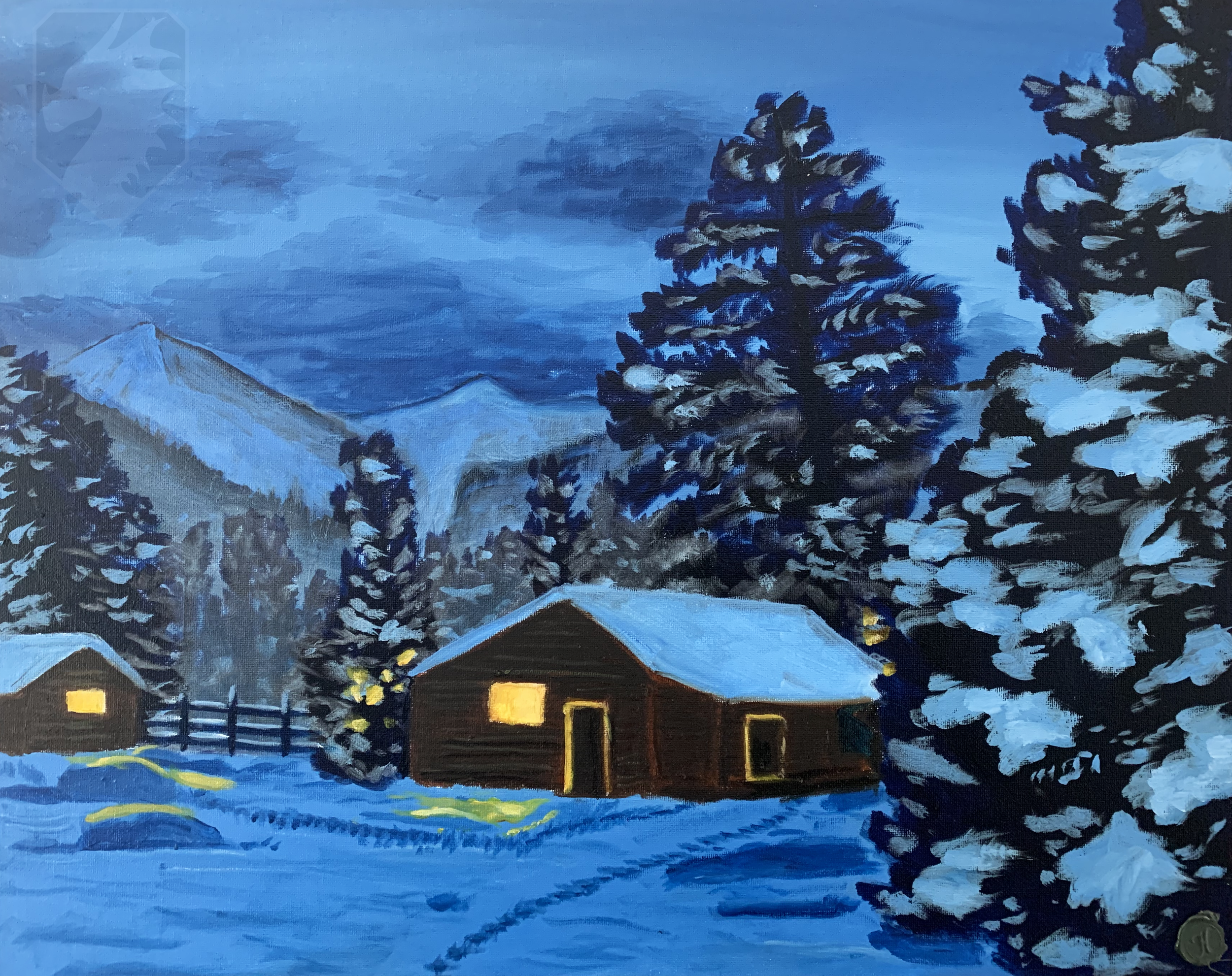 night landscape oil painting, winter cabin artwork, original painting, snowy mountain cabin painting, forest night landscape, candlelit cabin art