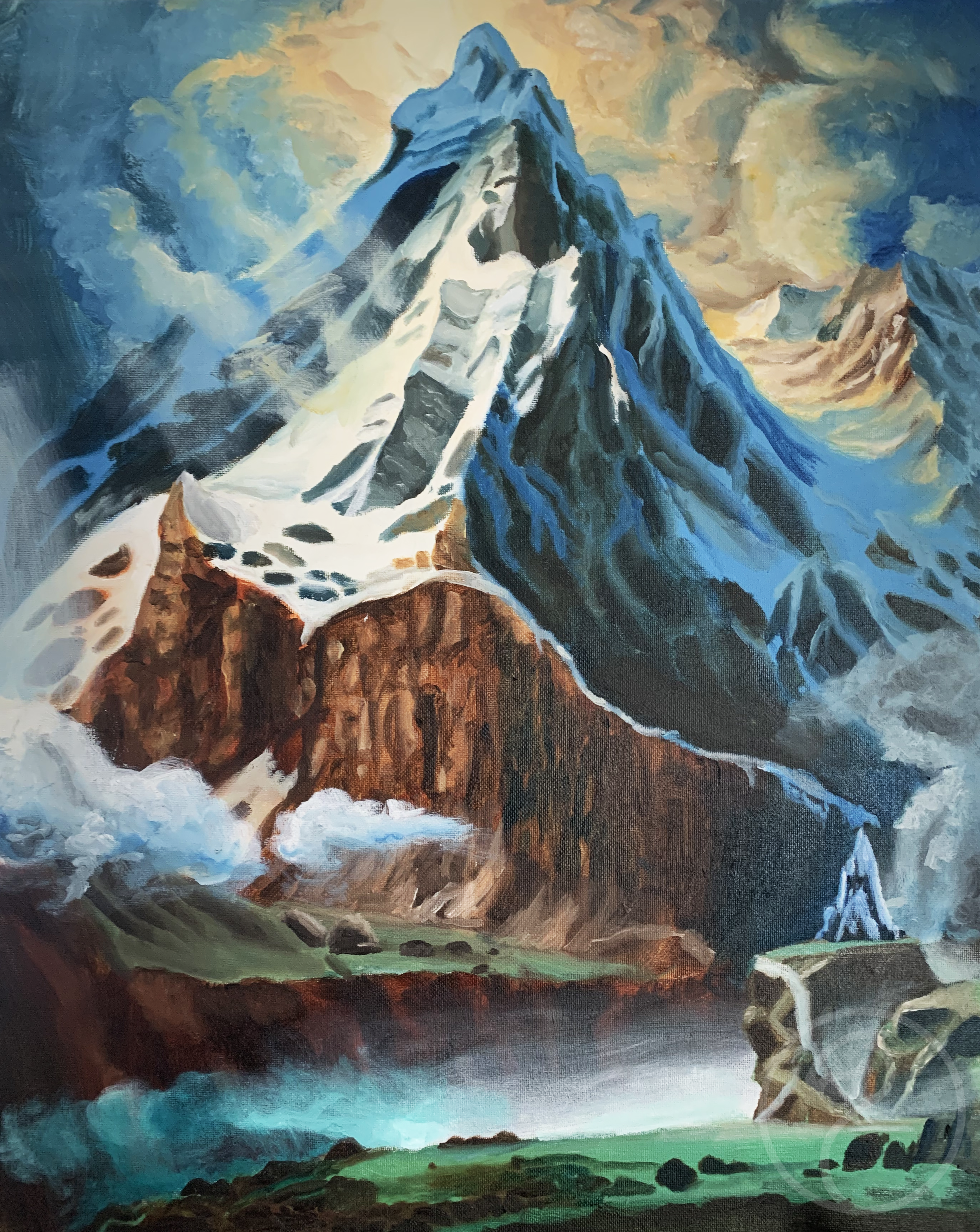 Impressionistic oil painting capturing the dramatic beauty of a fantasy mountain range with towering snow-covered peaks, a cascading waterfall, and a vibrant turquoise lake set against a swirling sky.