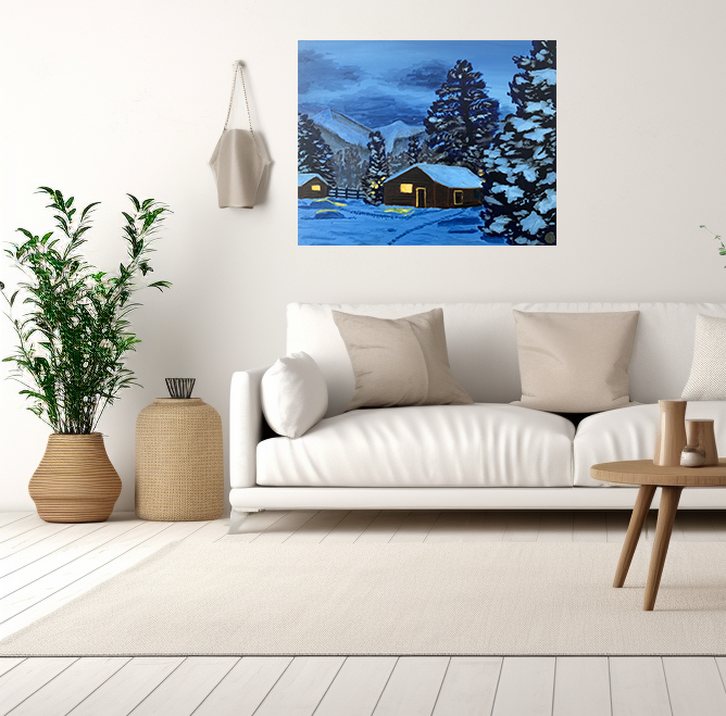 night landscape oil painting, winter cabin artwork, original painting, snowy mountain cabin painting, forest night landscape, candlelit cabin art