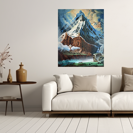 Oil painting of a majestic mountain landscape with snow-capped peaks and a serene lake, rendered in an impressionist style, adorning a modern living room wall.