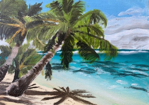 tropical island oil painting, impressionist landscape art, paradise landscape painting, tropical impressionism, nature oil artwork