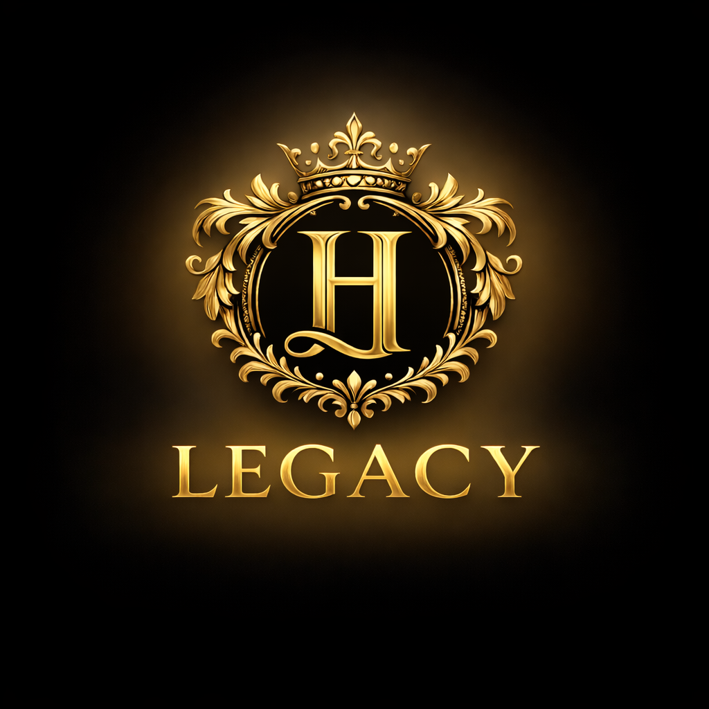Gold ornate crest with the letter H, a crown, and floral details, with the word LEGACY below in gold letters, on a black background.