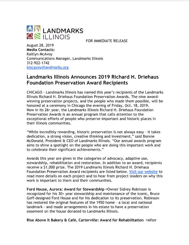 Landmarks Illinois Announces 2019 Richard H. Driehaus Foundation Preservation Award Recipients