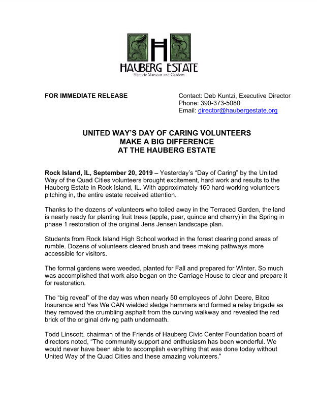 UNITED WAY’S DAY OF CARING VOLUNTEERS  MAKE A BIG DIFFERENCE  AT THE HAUBERG ESTATE 