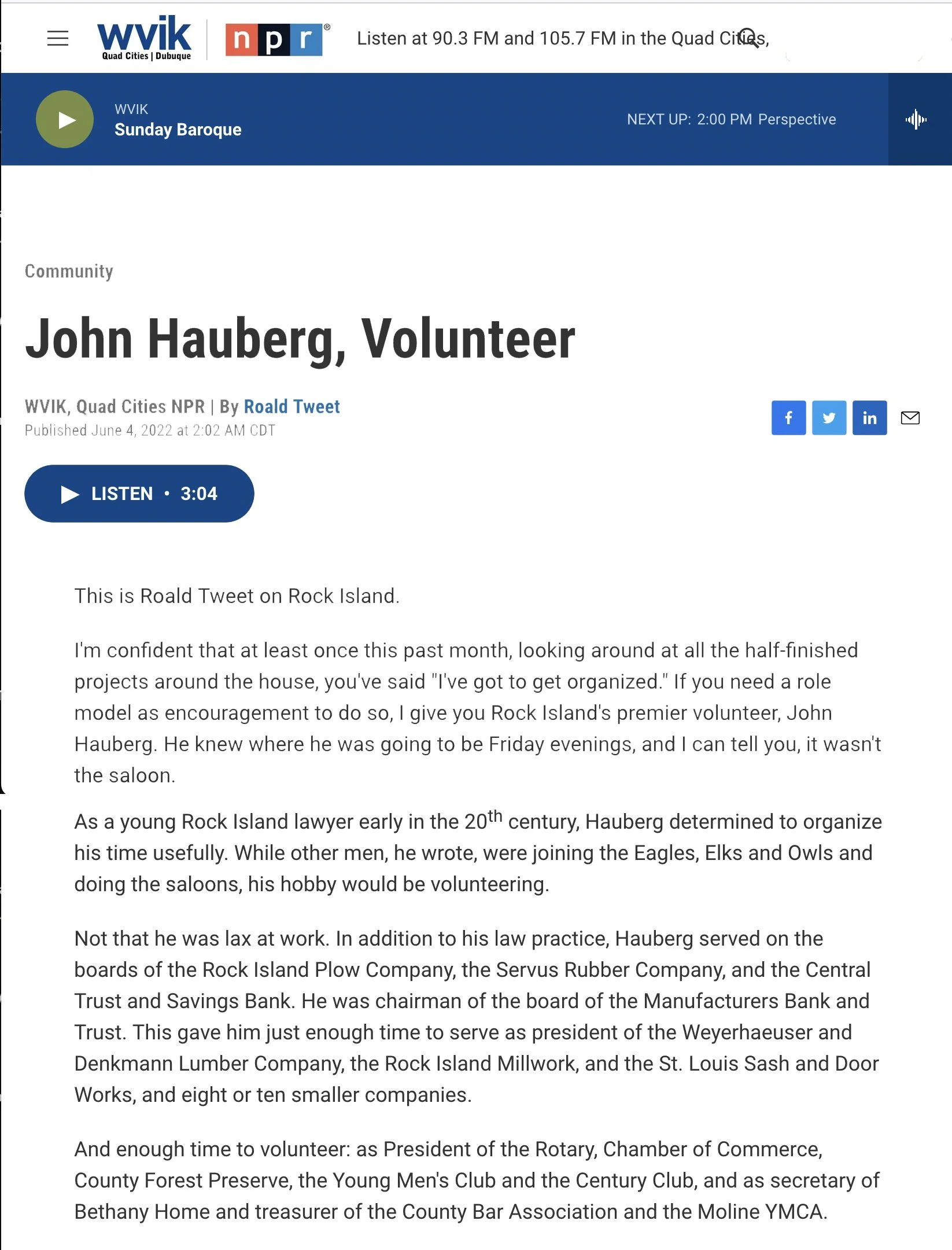 John Hauberg, Volunteer