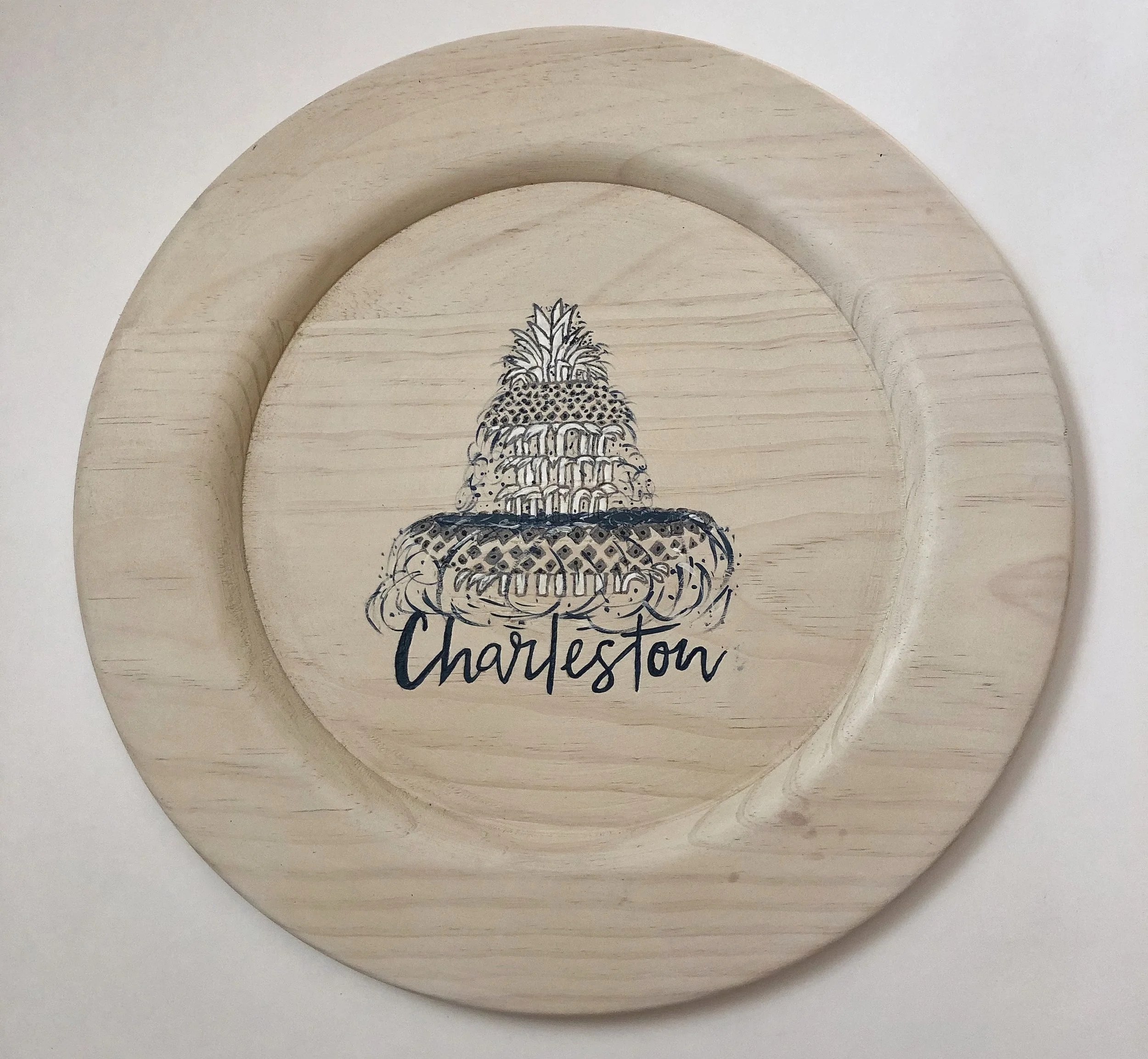 Hand painted whitewashed wood plate.