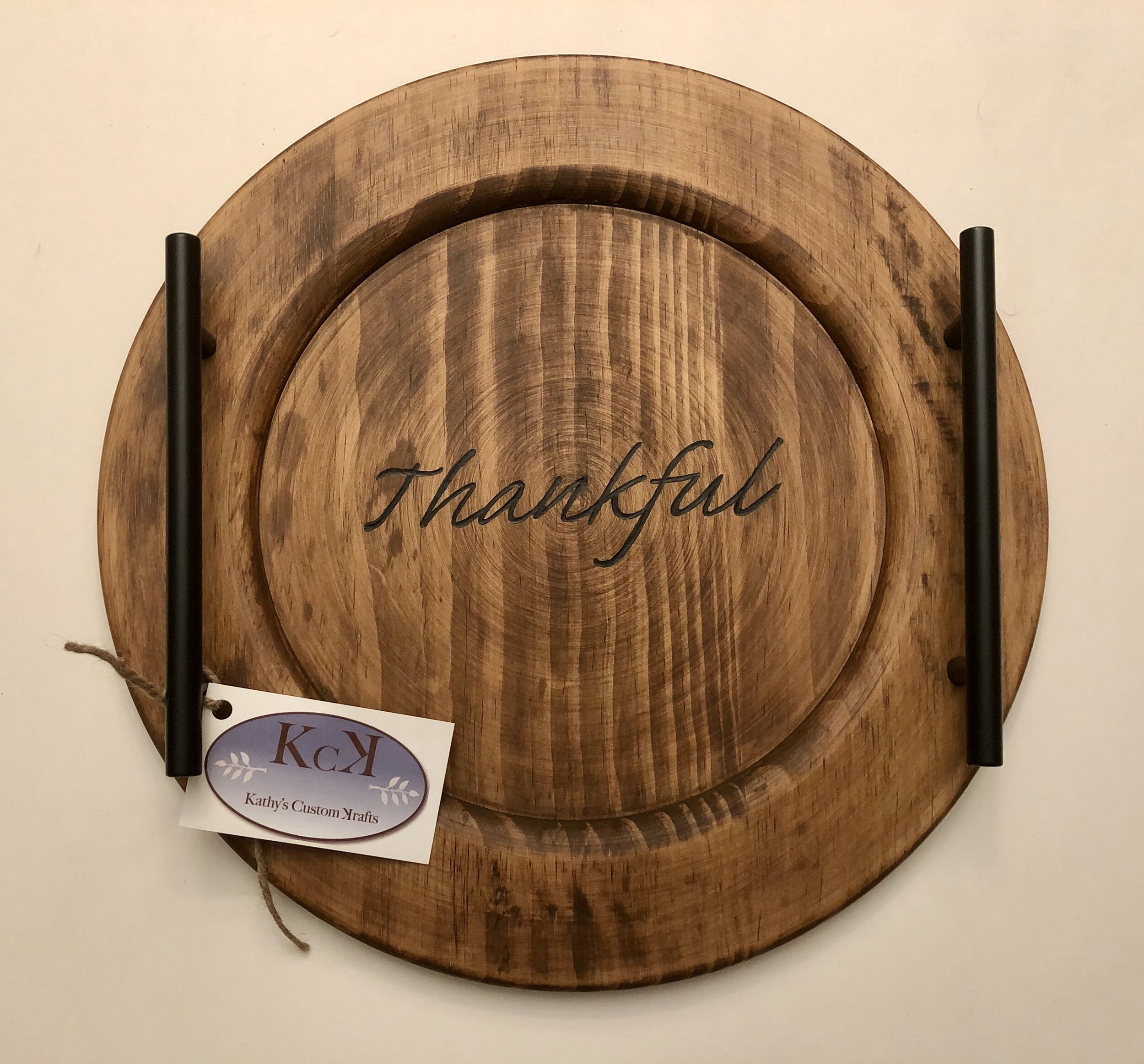 Round hand carved and painted "Thankful" tray with metal handles