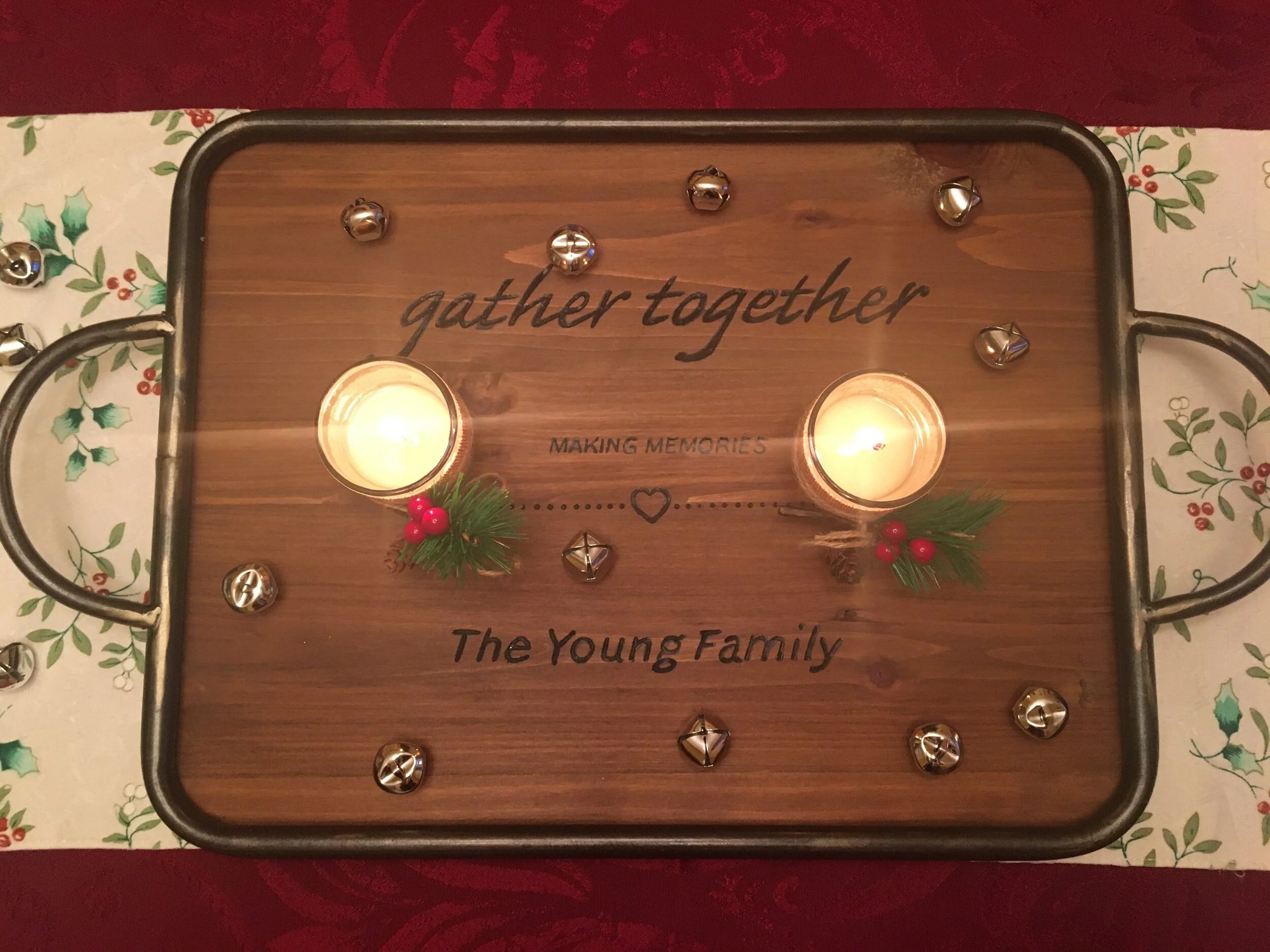 Hand carved wood and metal serving tray