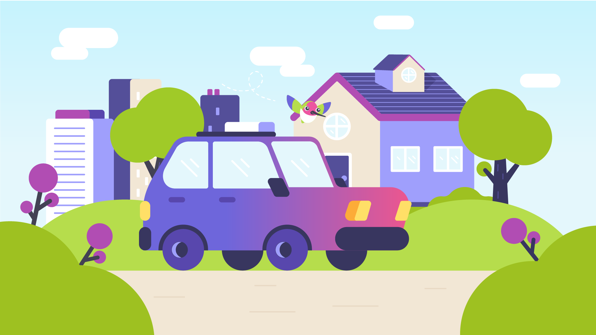 A colorful cartoon illustration of a park scene with a police car parked on a path, a small house with a purple roof, green trees, and bushes with purple flowers. In the background, there are city buildings and a light blue sky with white clouds. A cartoon bird is flying near the house.