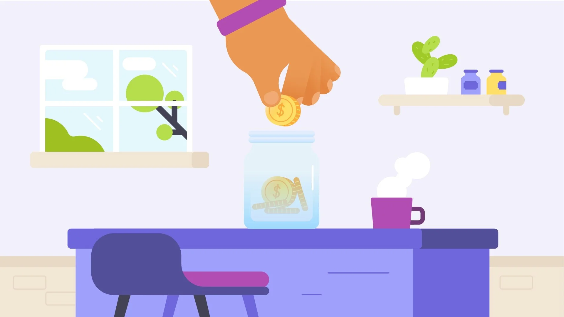 Illustration of a hand dropping coins into a jar, with a window in the background showing a tree and clouds, a shelf with plants and jars, and a steaming cup on a table.