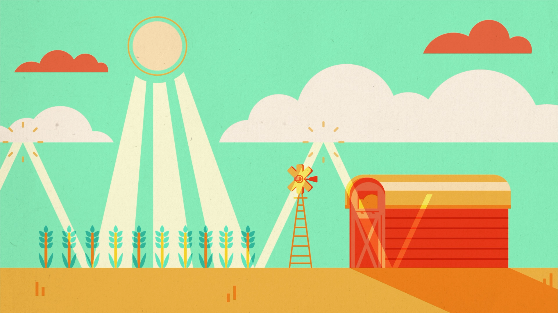 Sunny farm scene with hay bales, cornfield, windmill, storage shed, and clouds in the sky.
