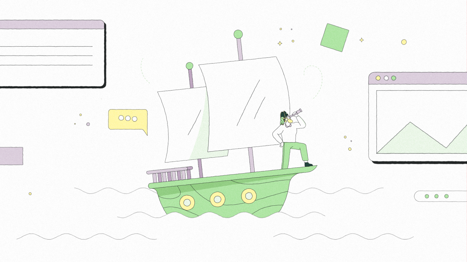 A Pirate with a parrot on a ship navigating a sea of data