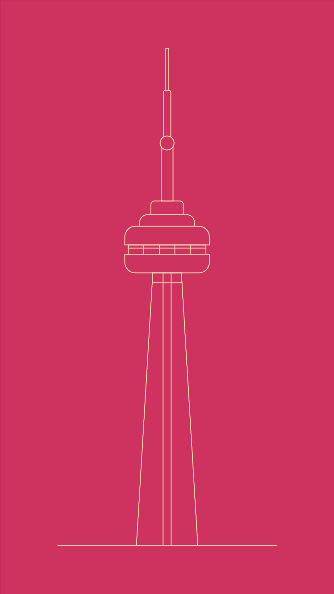 Line drawing of the CNTower on a solid red background.