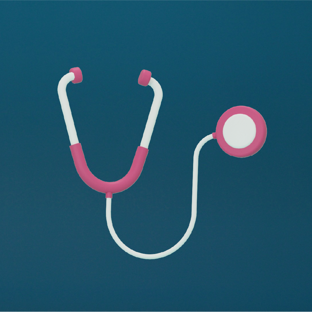 Digital illustration of a stethoscope with pink and white tubing on a teal background.