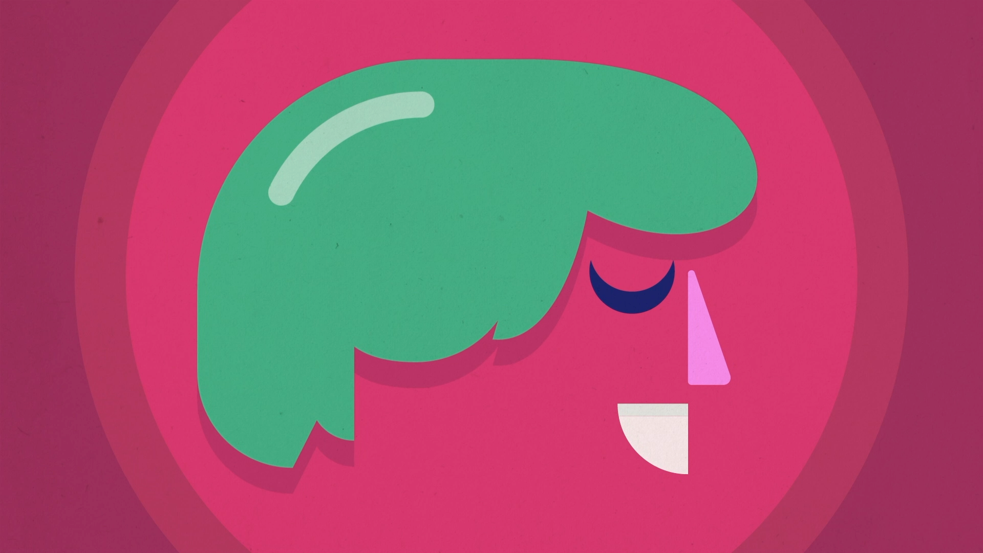 Abstract illustration of a human head with colorful shapes representing brain and facial features on a pink background.