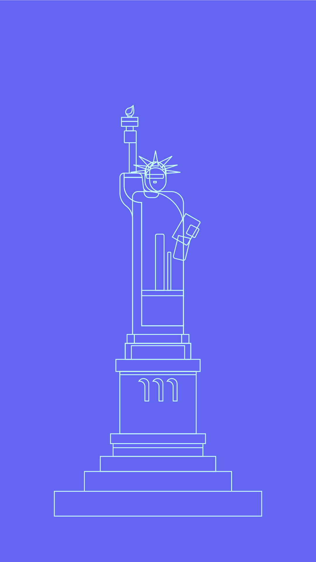 Line drawing of the Statue of Liberty against a blue background.