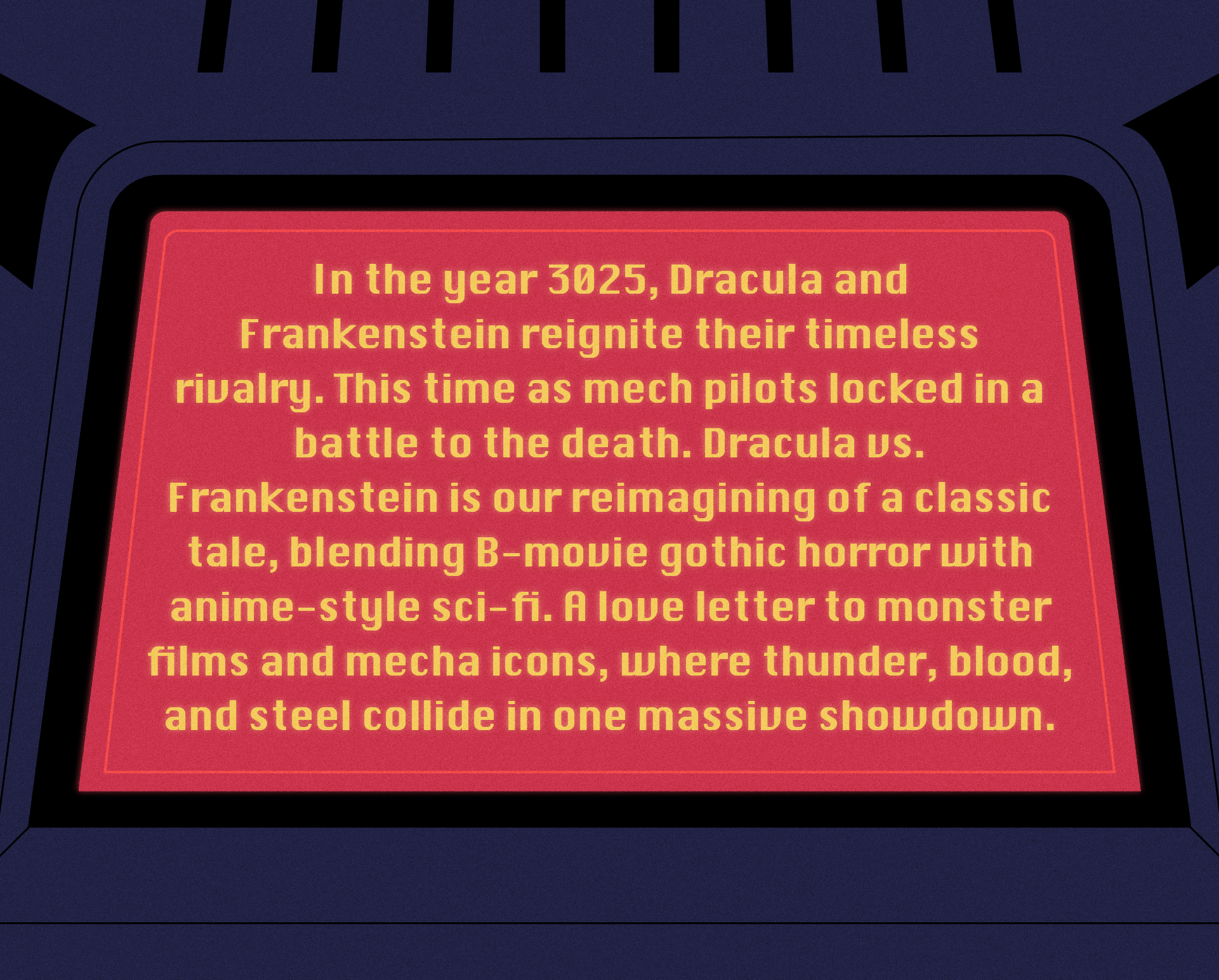 A display screen showing a sci-fi story about Dracula and Frankenstein reigning in the year 3025, with descriptions of their battle as mech pilots in a movie blending horror and anime styles.