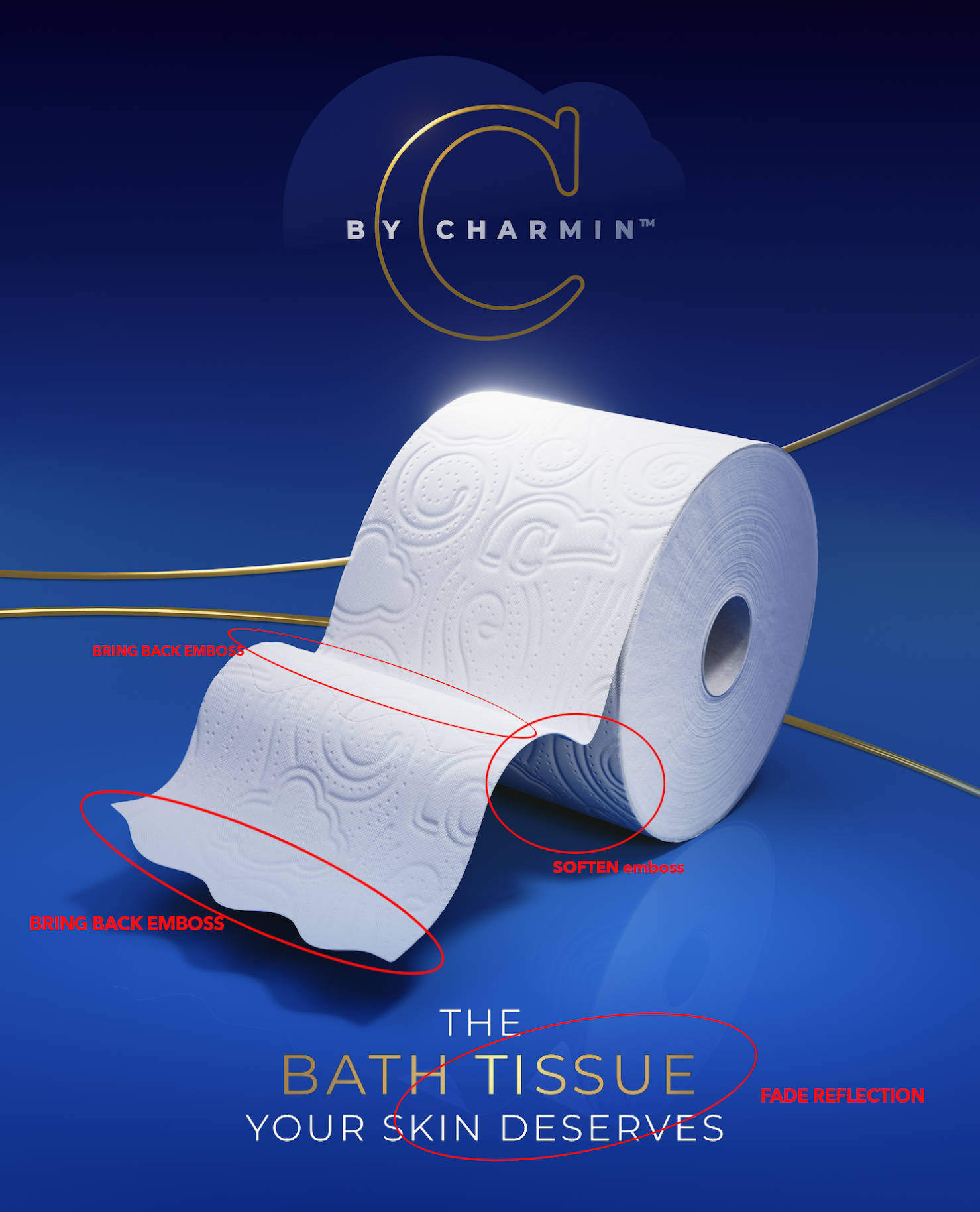 A digital advertisement image features a roll of white bathroom tissue with embossed patterns, set against a blue background. The tissue is depicted as unspooling with handwritten red annotations pointing to various features: 'BRING BACK EMBOSS' at the bottom and top of the tissue, 'SOFTEN emboss' near the middle, and 'FADE REFLECTION' on the lower right side. The top part of the image shows a logo with a gold outline of a letter C and the text 'BY CHARMIN' underneath, with a dark cloud graphic behind it. The overall message emphasizes advocating for embossed, soft, and reflective bathroom tissue.