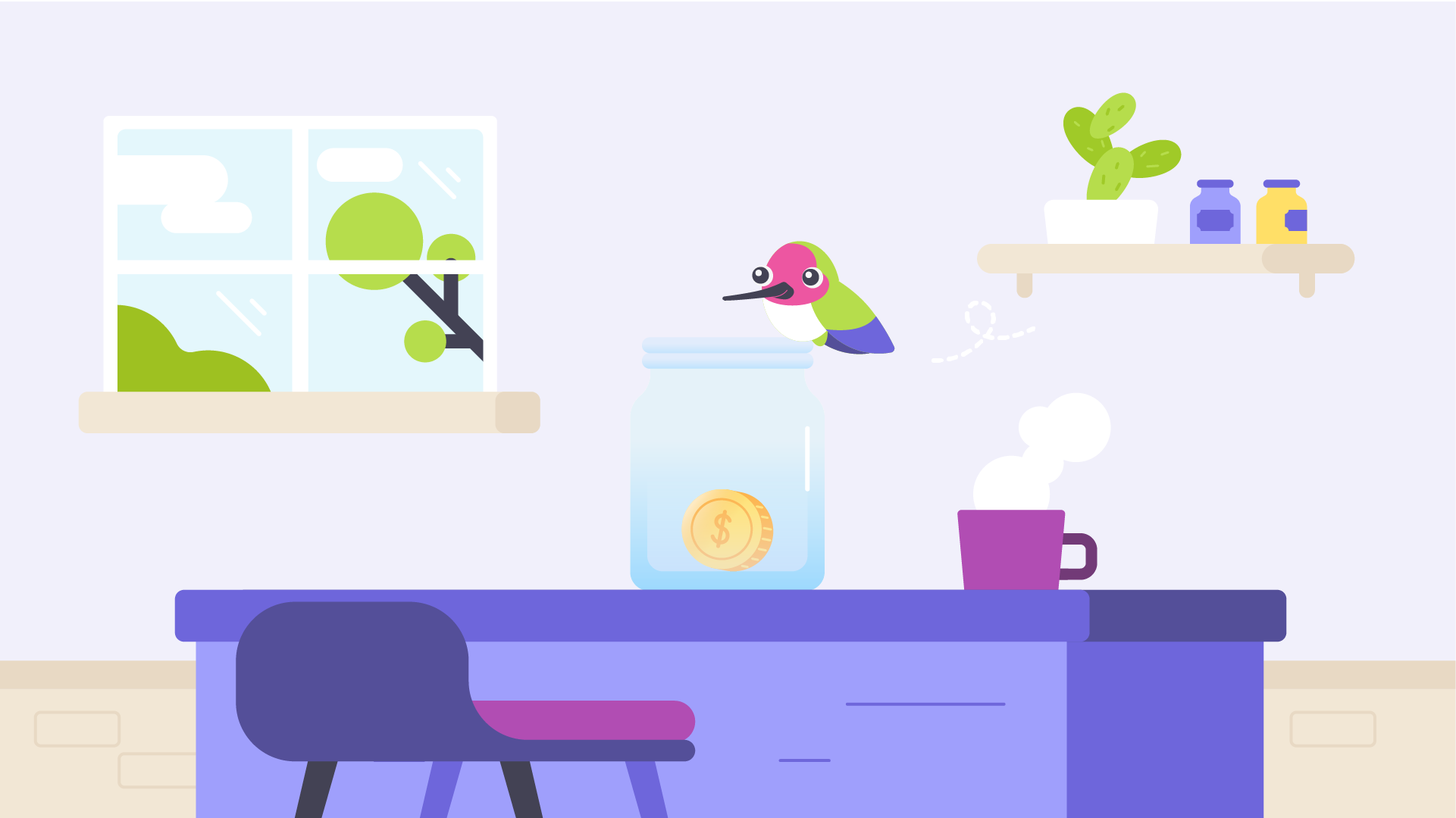 A colorful cartoon illustration of a kitchen or office desk with a purple table, a glass jar with a dollar coin and a pink and green bird, a steaming purple mug, a blue chair with a red cushion, a window showing trees and clouds, and a shelf with a potted cactus and small bottles.