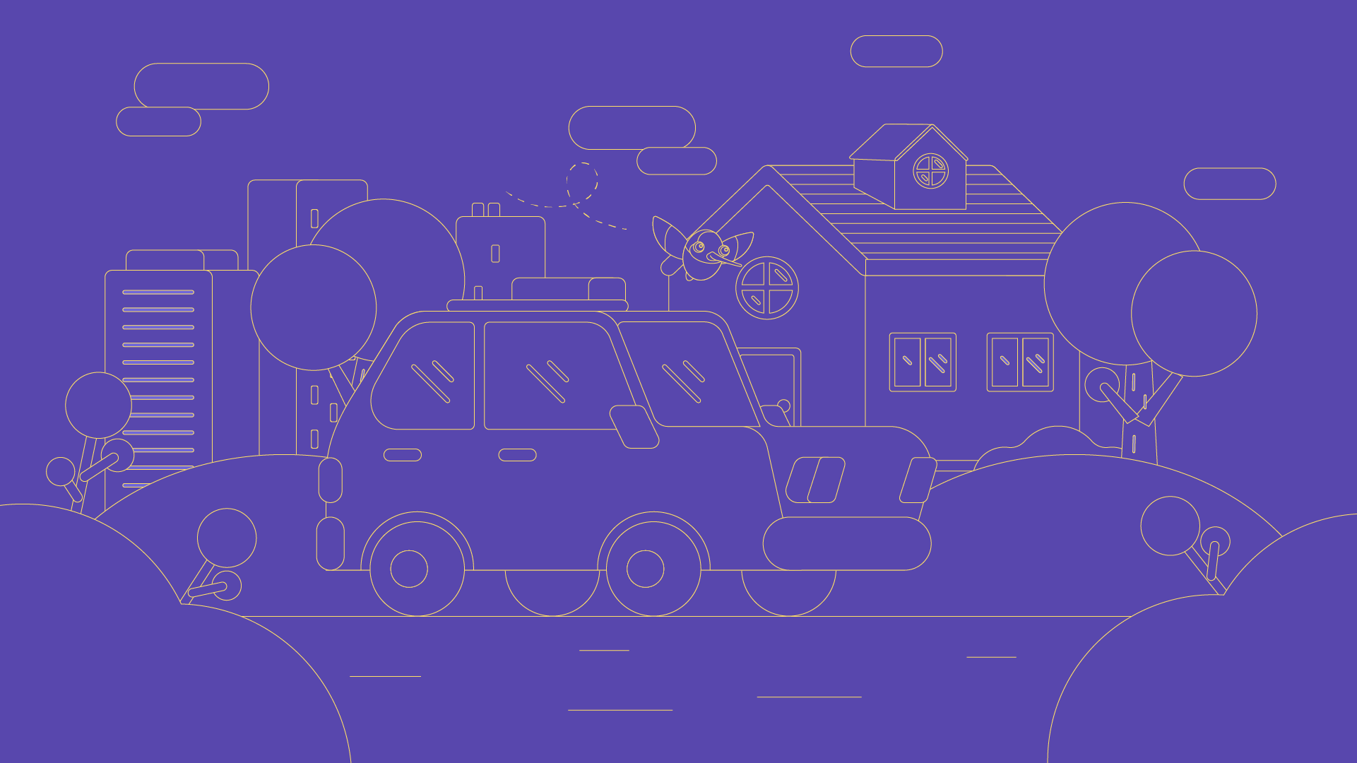 Line drawing of a neighborhood scene with houses, trees, a car, and clouds on a blue background.