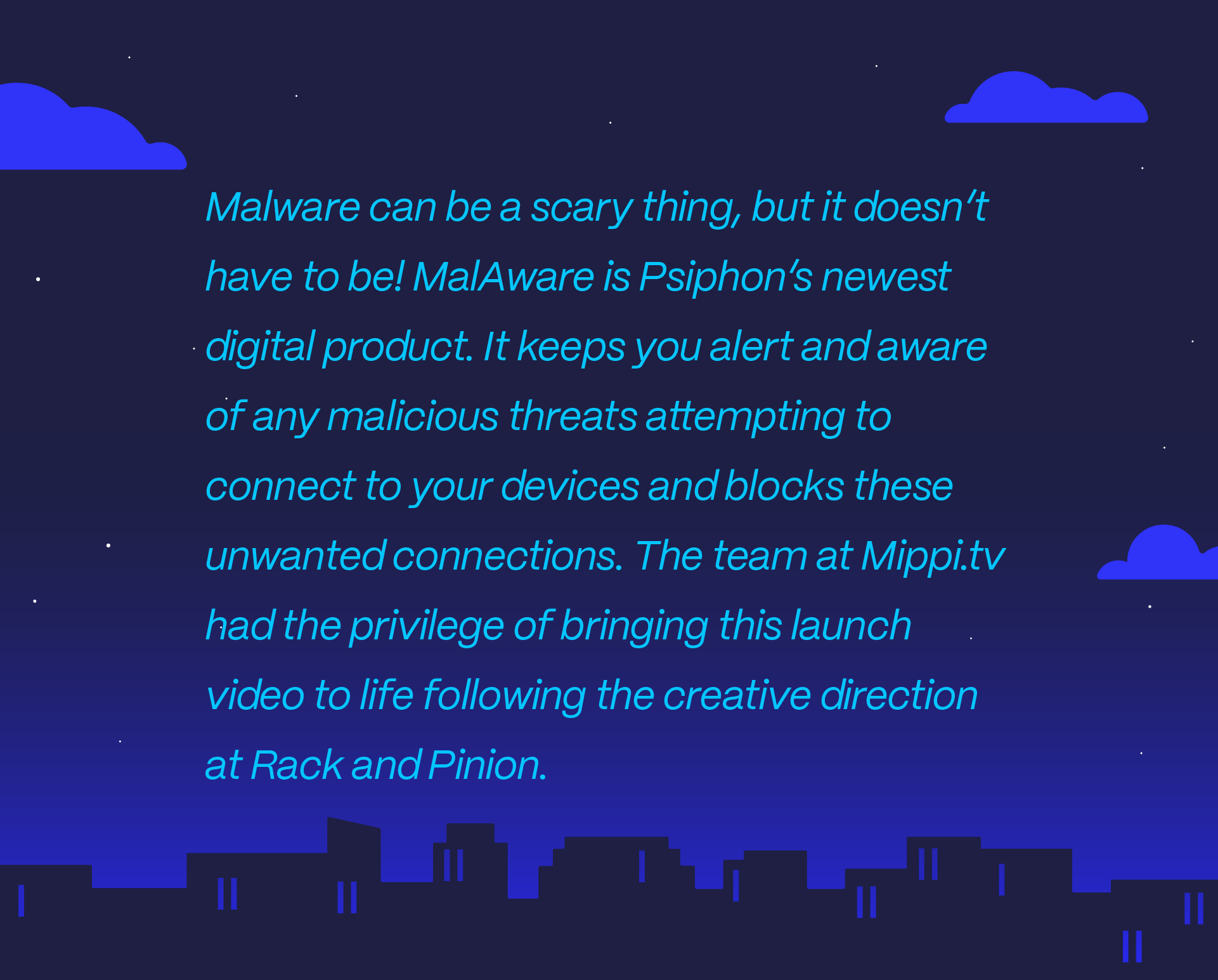 Nighttime city skyline with stars, clouds, and an overlay of text promoting malware protection with a background of city buildings.