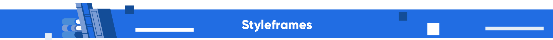 Blue banner with the word 'Styleframes' in white text, decorated with abstract geometric shapes in varying shades of blue and white.