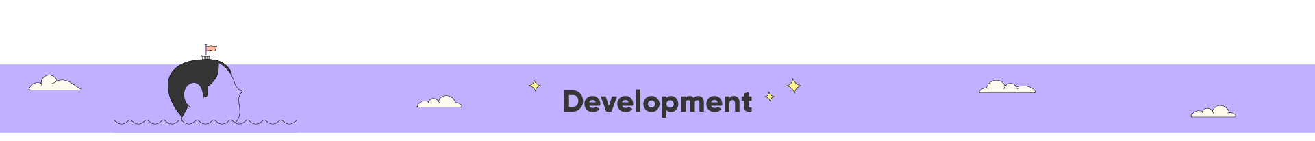 Illustration of a human head outline emerging from water, with a small flag on top, and clouds and stars in the background, with the word 'Development' in bold.