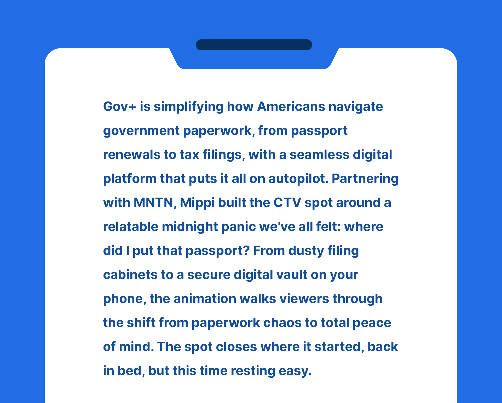 Text on a blue background discusses how Gov+ is simplifying navigating government paperwork in the U.S., mentioning passport renewals, tax filings, digital platforms, and a creative CTV spot.